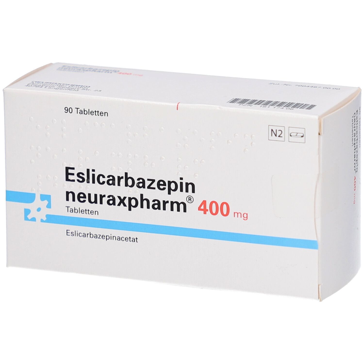 Weiße Faltschachtel mit blauer Linie. Aufdruck: Eslicarbazepin neuraxpharm 400 mg Tabletten. 90 Tabletten.