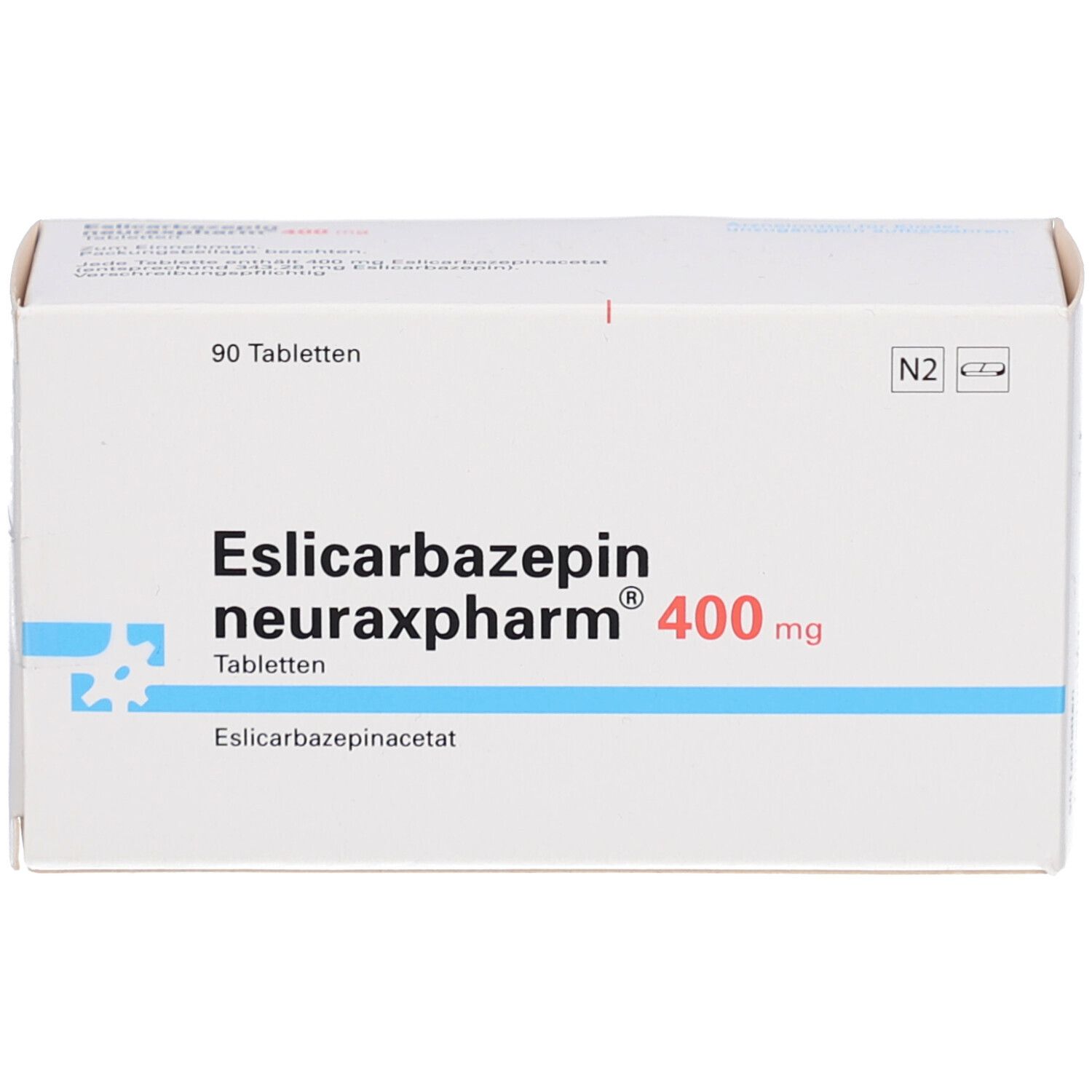 Weiße Faltschachtel mit blauer Linie. Aufdruck: Eslicarbazepin neuraxpharm 400 mg Tabletten. 90 Tabletten.