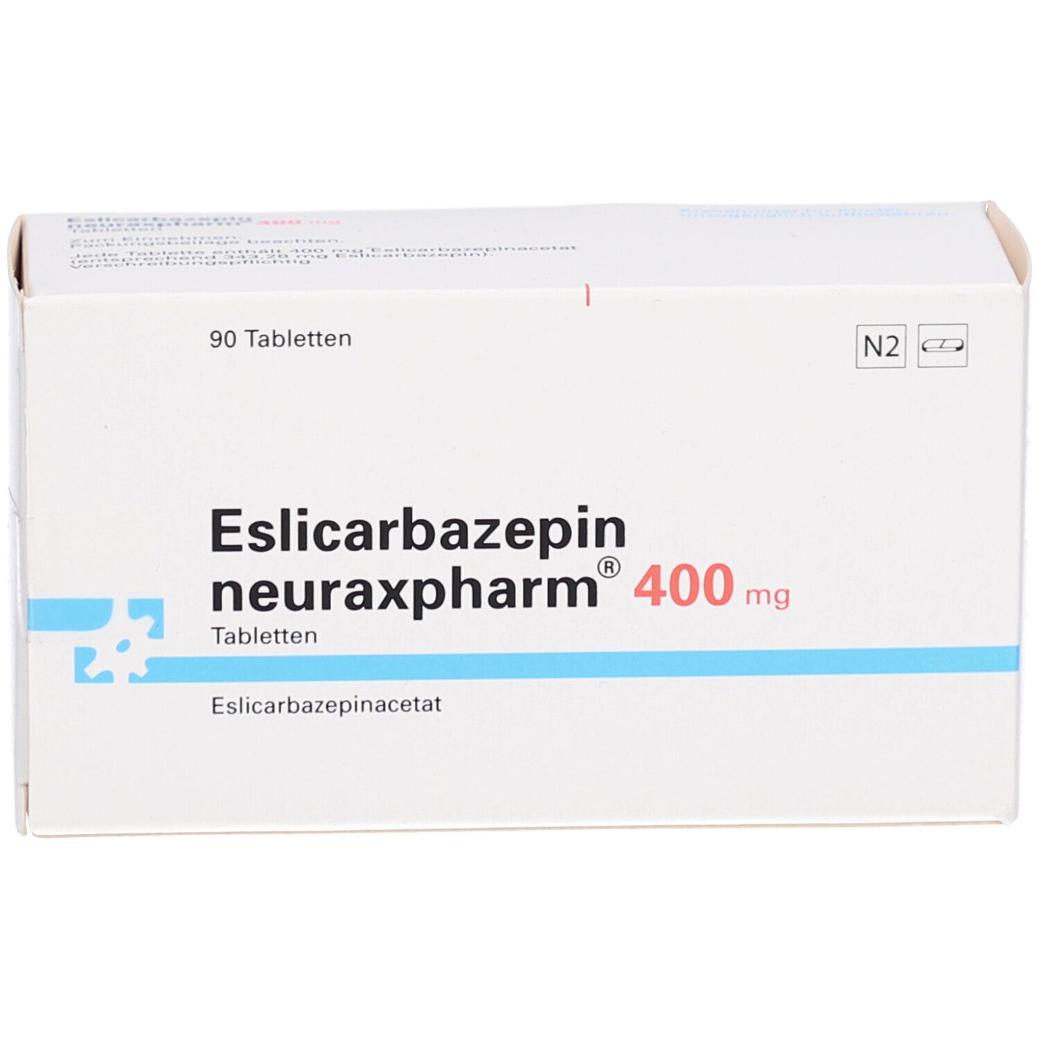 Weiße Faltschachtel mit blauer Linie. Aufdruck: Eslicarbazepin neuraxpharm 400 mg Tabletten. 90 Tabletten.