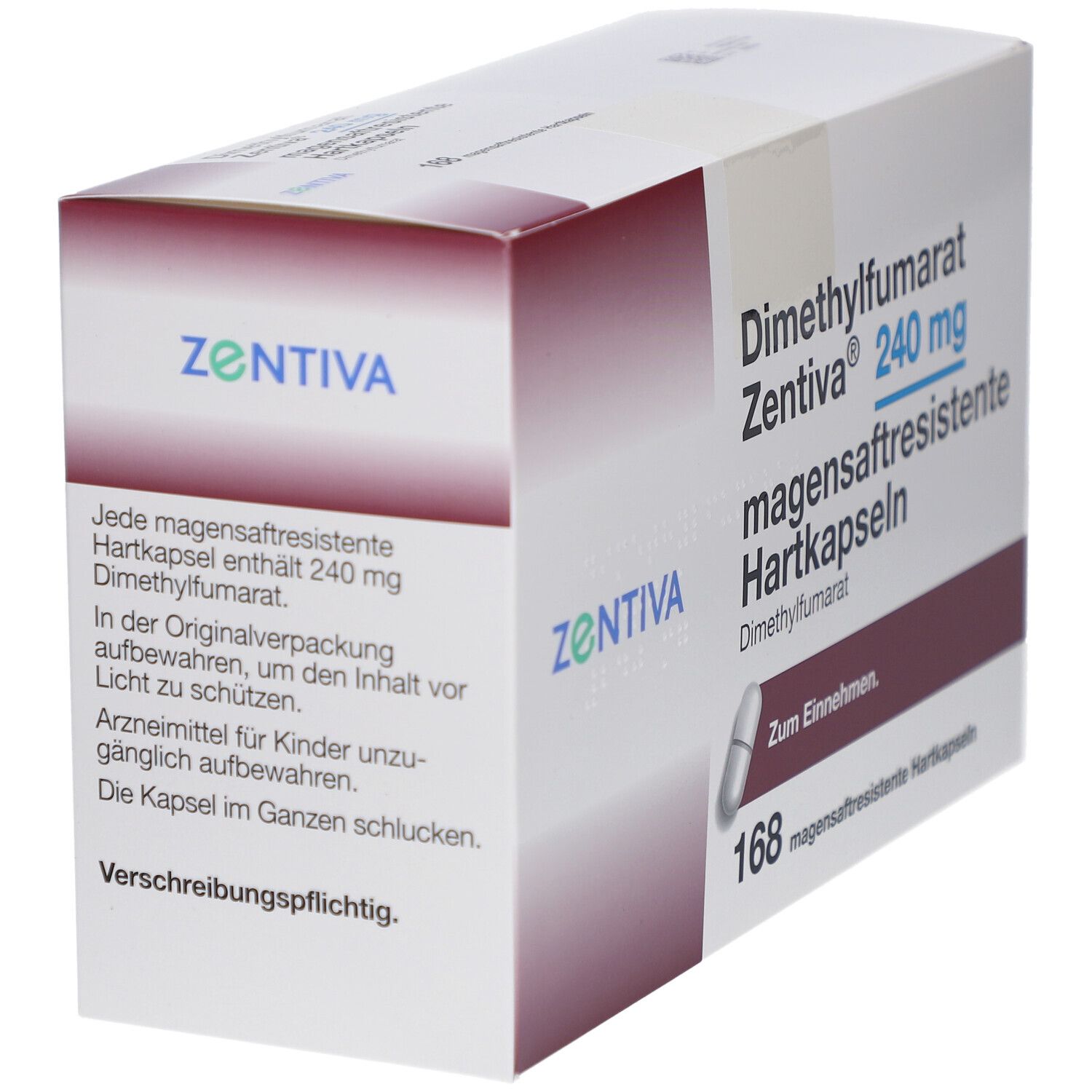 Schachtel mit Medikamenten. Aufschrift: Dimethylfumarat Zentiva 240 mg magensaftresistente Hartkapseln. Enthält 168 Kapseln. Ansicht schräg.