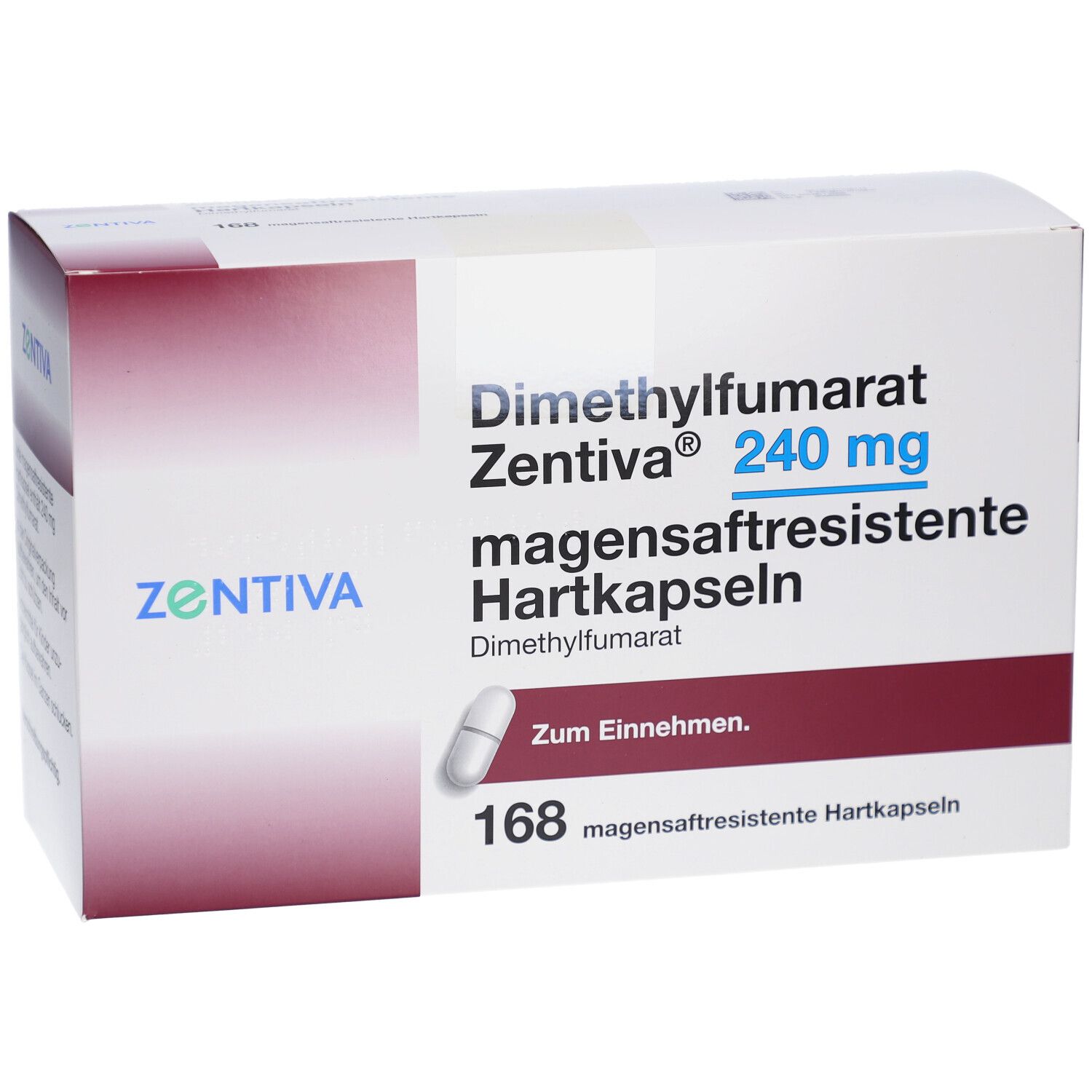 Schachtel mit Medikamenten. Aufschrift: Dimethylfumarat Zentiva 240 mg magensaftresistente Hartkapseln. Enthält 168 Kapseln. Mit Kapsel-Abbildung.