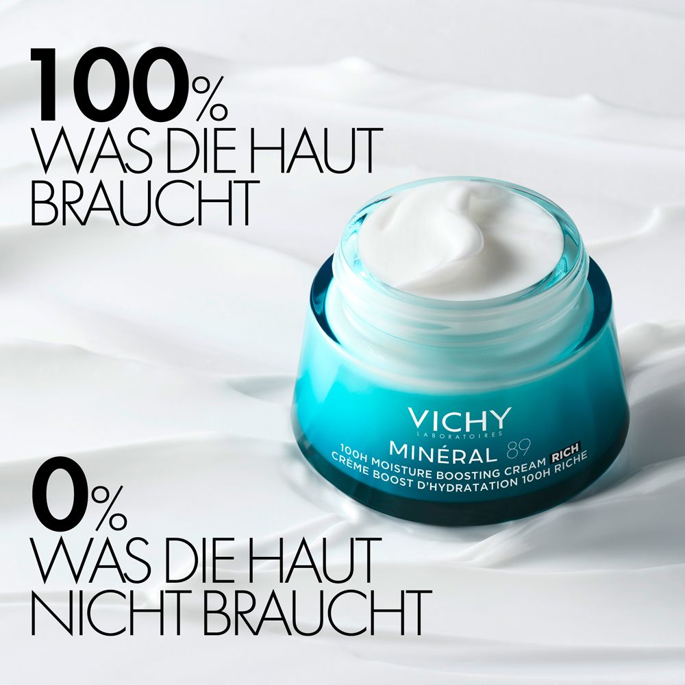 Offener Tiegel mit Creme. Text: 100% Was die Haut braucht. 0% Was die Haut nicht braucht. Aufschrift: Vichy Minéral 89.
