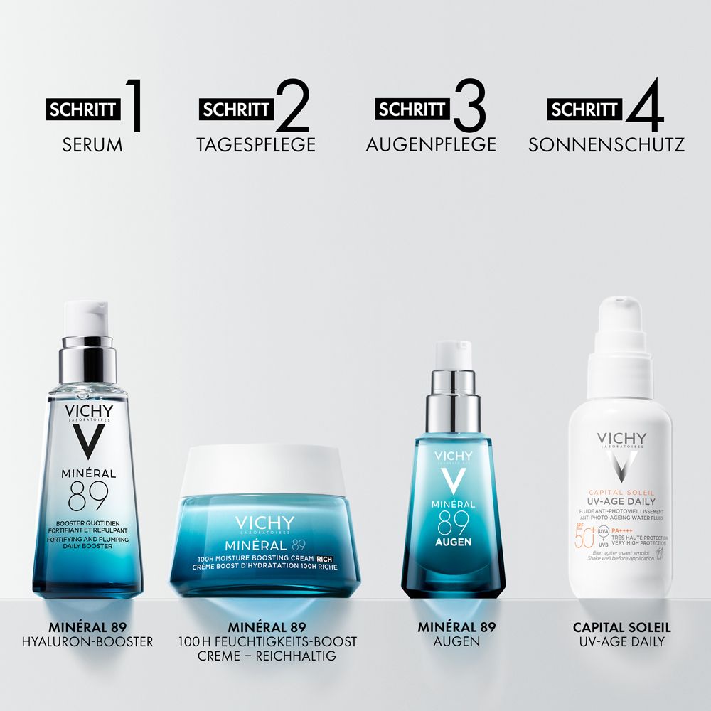 Vier Produkte: Serum, Tagespflege, Augenpflege, Sonnenschutz. Vichy Minéral 89 Hyaluron-Booster, Creme, Augen, Capital Soleil UV-Age Daily.