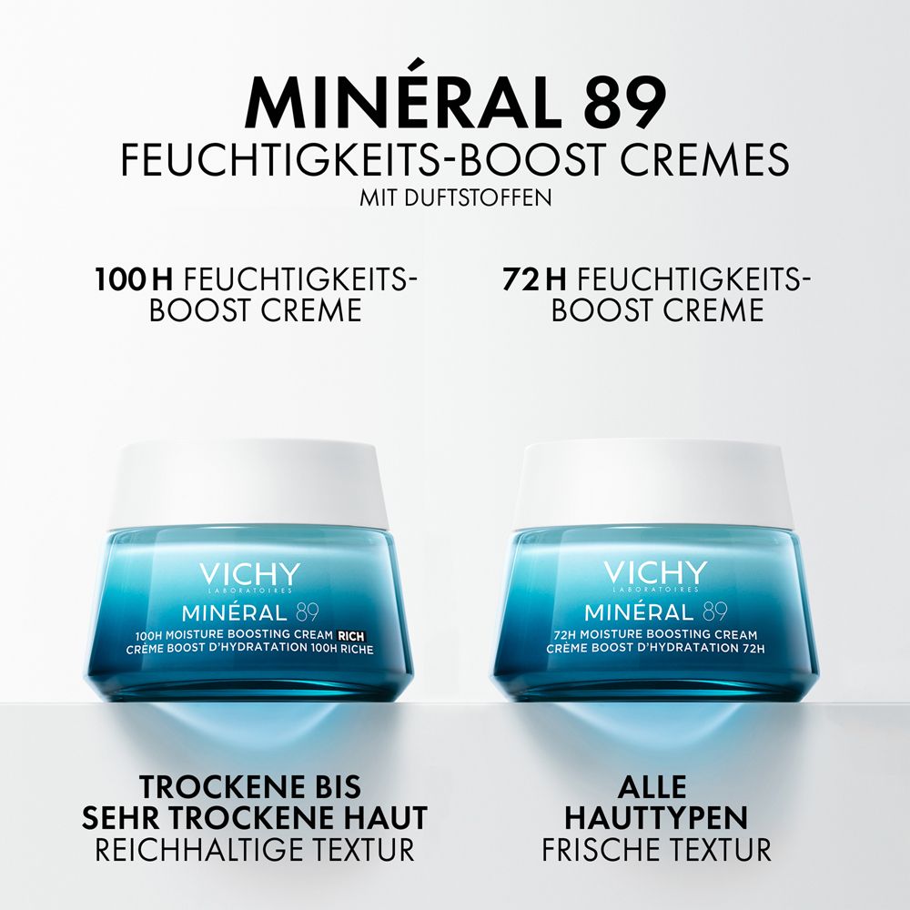 Zwei Tiegel. Text: Minéral 89 Feuchtigkeits-Boost Cremes mit Duftstoffen. 100H Creme für trockene Haut. 72H Creme für alle Hauttypen.