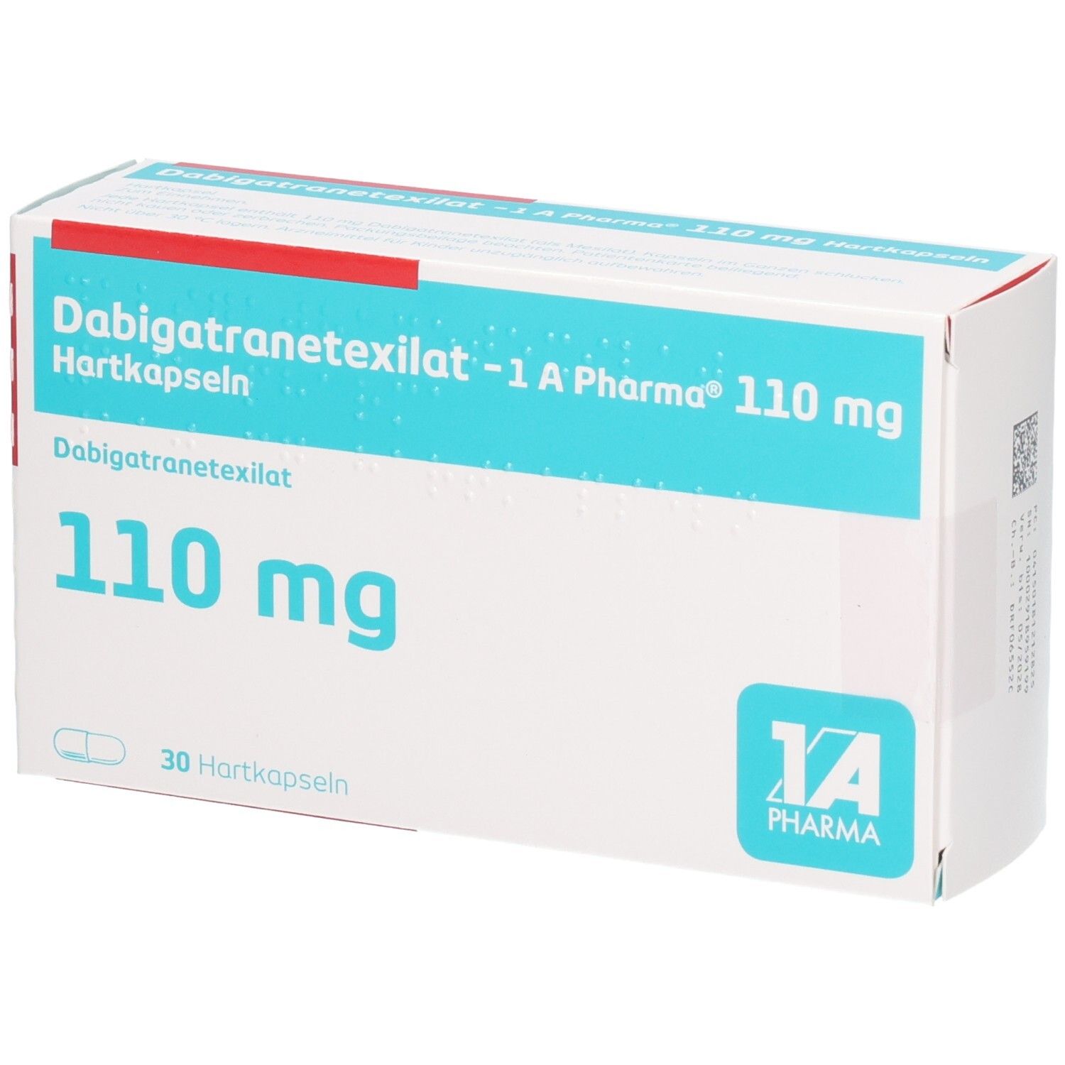 Schachtel mit Dabigatranetexilat -1 A Pharma 110 mg Hartkapseln. Blaue und weiße Beschriftung. 30 Hartkapseln.
