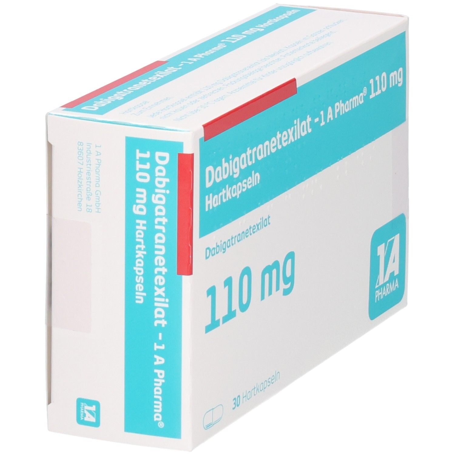 Schachtel mit Dabigatranetexilat -1 A Pharma 110 mg Hartkapseln. Seitenansicht. Blaue und weiße Beschriftung. 30 Hartkapseln.