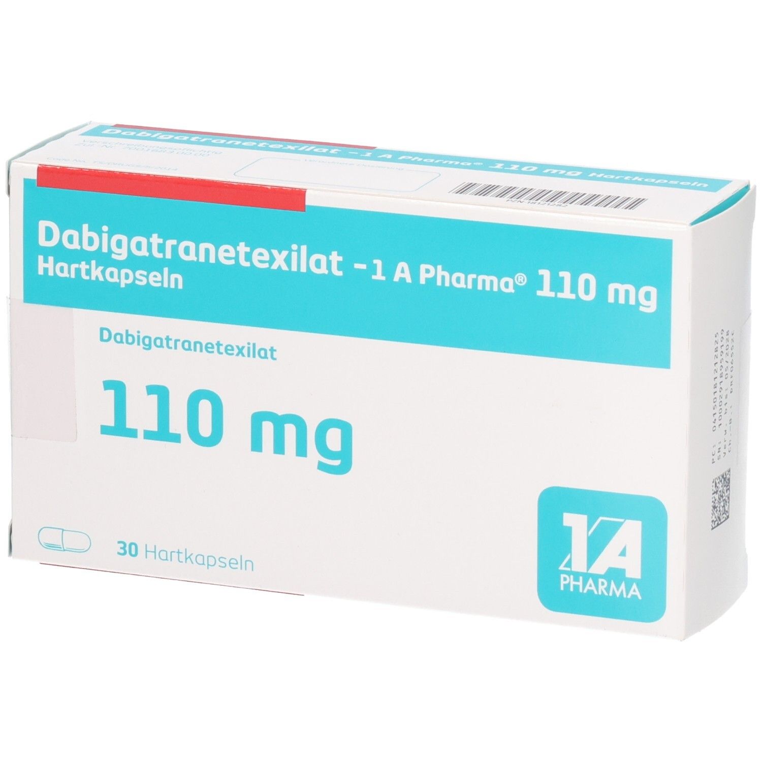 Schachtel mit Dabigatranetexilat -1 A Pharma 110 mg Hartkapseln. Blaue und weiße Beschriftung. 30 Hartkapseln.