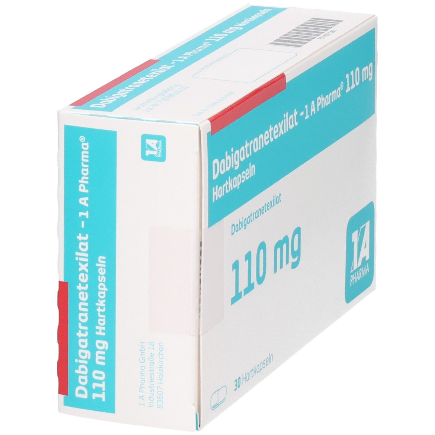 Schachtel mit Dabigatranetexilat -1 A Pharma 110 mg Hartkapseln. Blaue und weiße Beschriftung. 30 Hartkapseln.