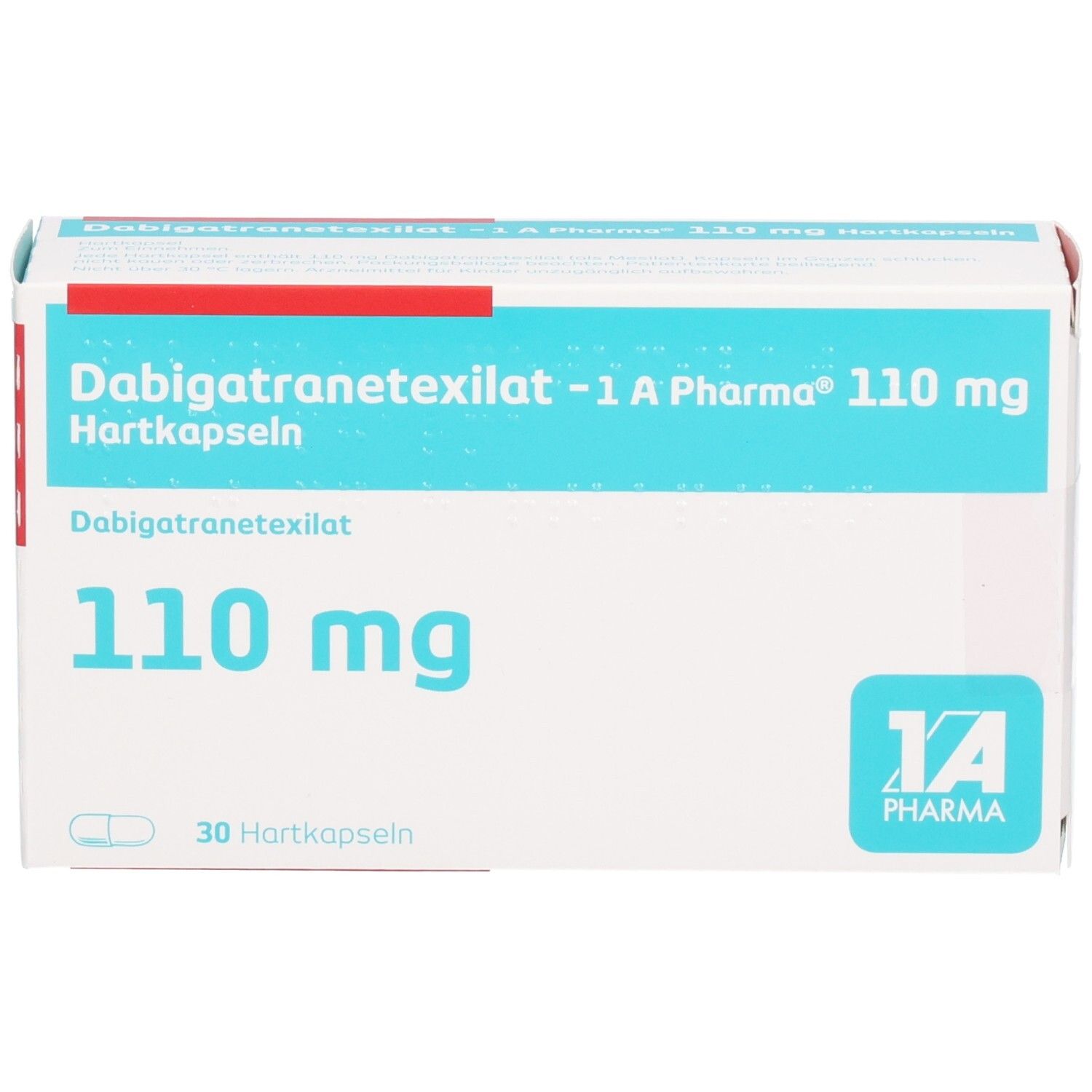 Schachtel mit Dabigatranetexilat -1 A Pharma 110 mg Hartkapseln. Blaue und weiße Beschriftung. 30 Hartkapseln.