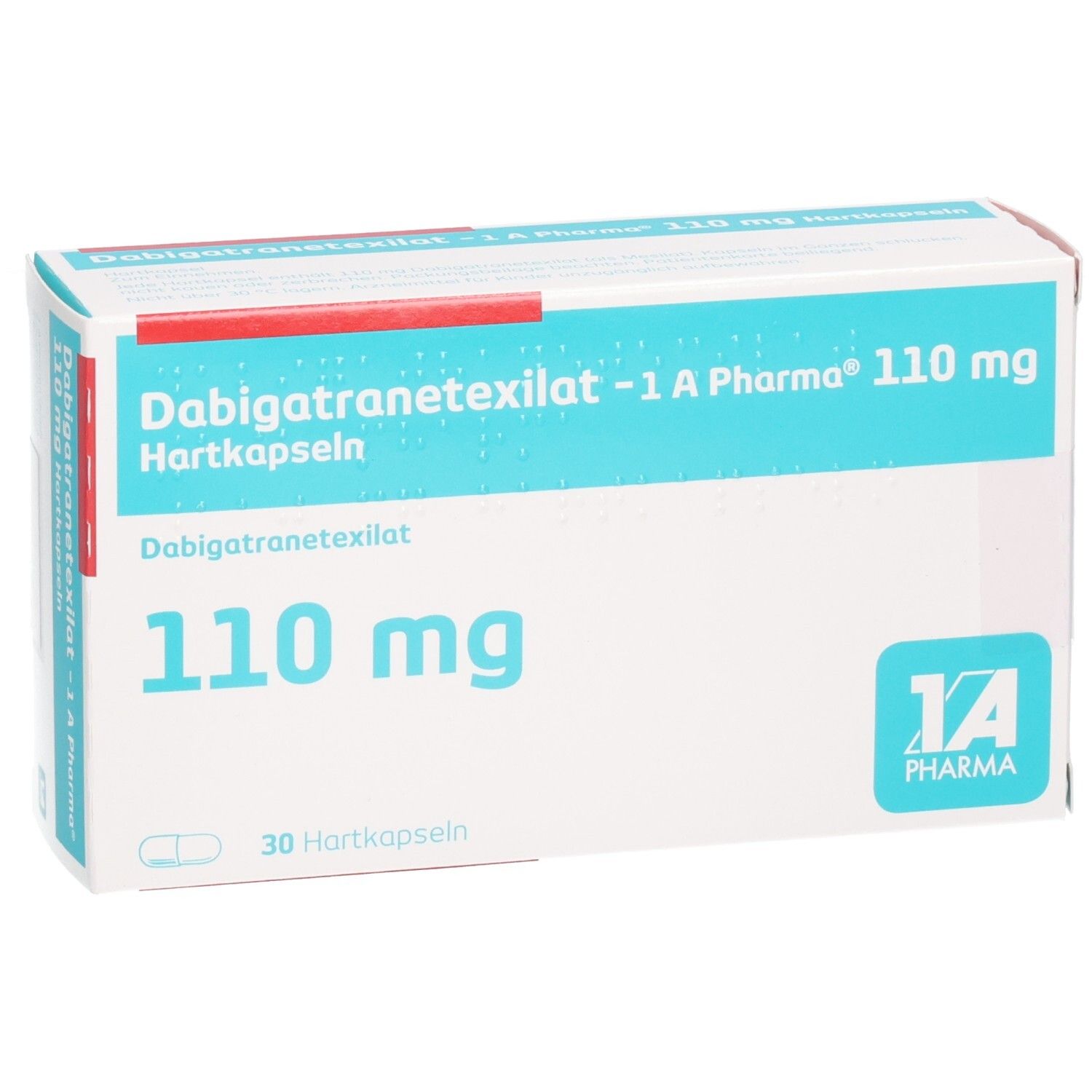 Schachtel mit Dabigatranetexilat -1 A Pharma 110 mg Hartkapseln. Blaue und weiße Beschriftung. 30 Hartkapseln.