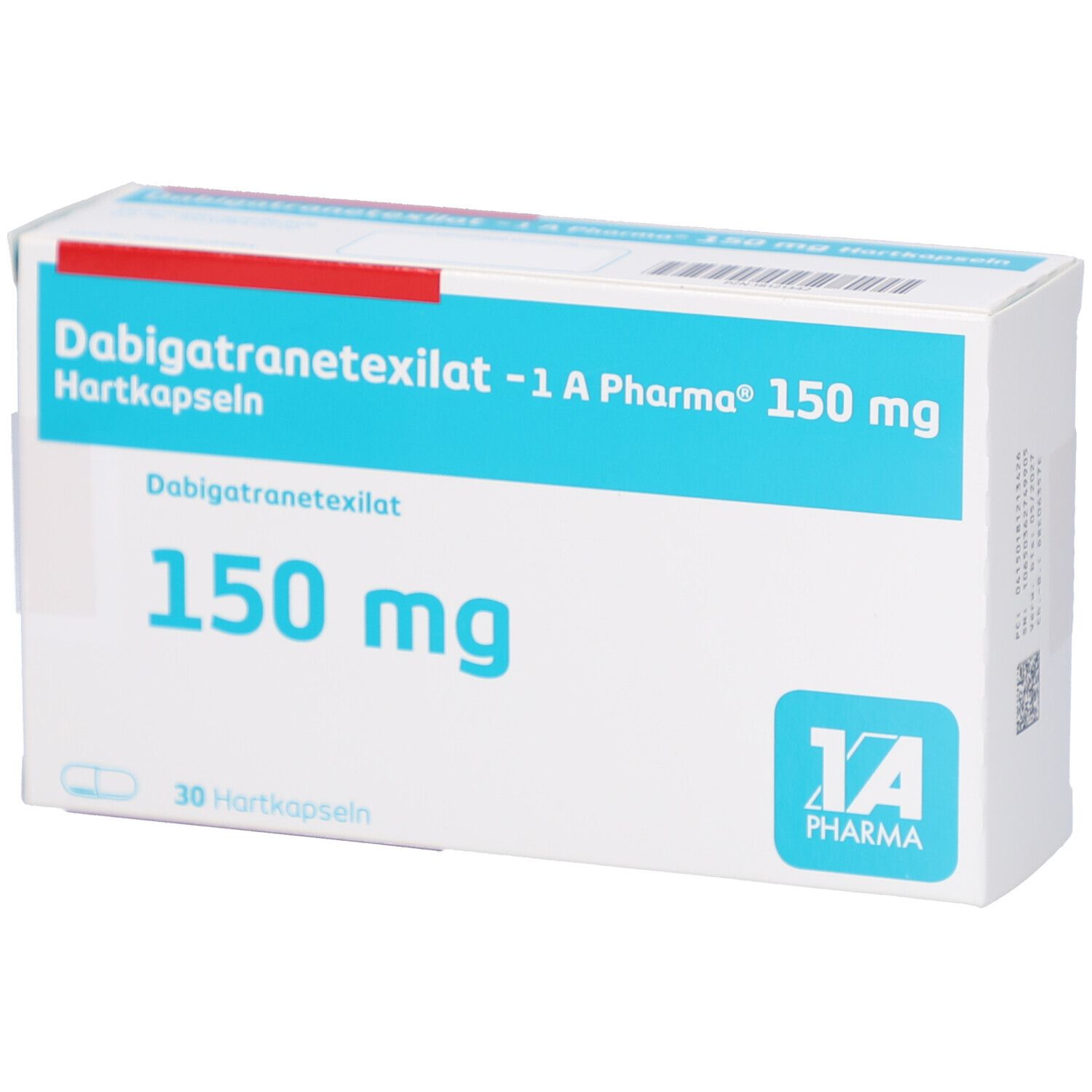 Schachtel mit blauer Schrift: Dabigatranetexilat -1 A Pharma 150 mg Hartkapseln. 150 mg, 30 Hartkapseln. Logo 1 A Pharma.