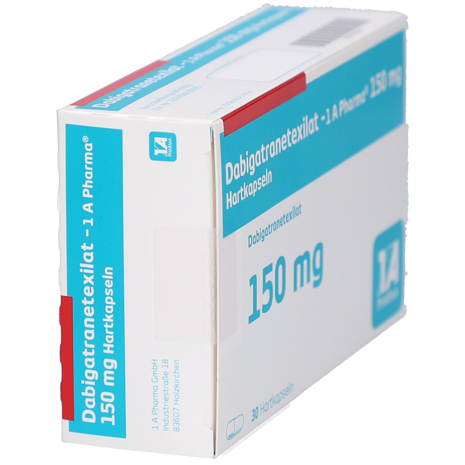 Schachtel, schräg. Blaue Schrift: Dabigatranetexilat -1 A Pharma 150 mg Hartkapseln. 150 mg, 30 Hartkapseln. Logo 1 A Pharma.