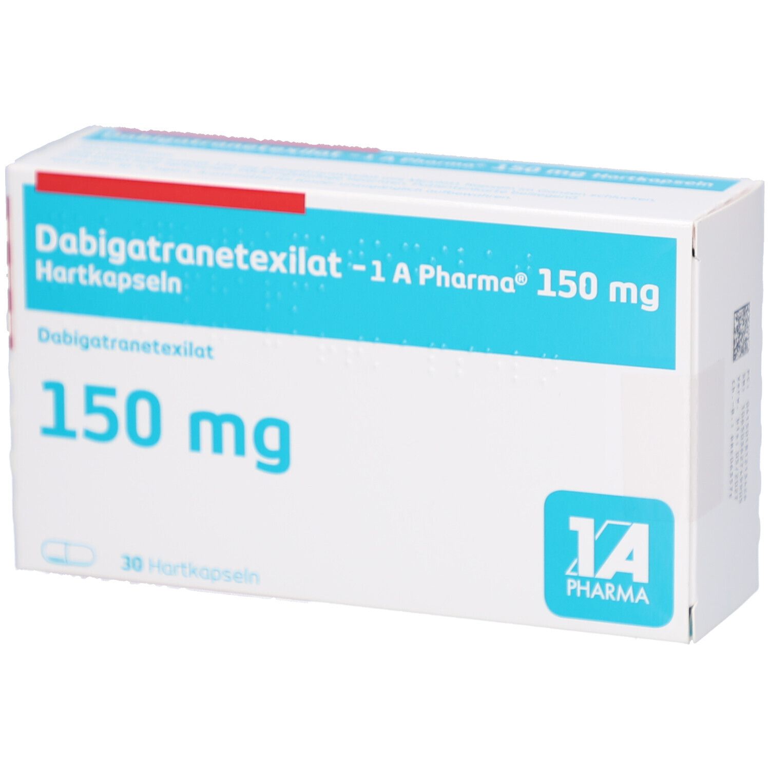 Schachtel mit blauer Schrift: Dabigatranetexilat -1 A Pharma 150 mg Hartkapseln. 150 mg, 30 Hartkapseln. Logo 1 A Pharma.