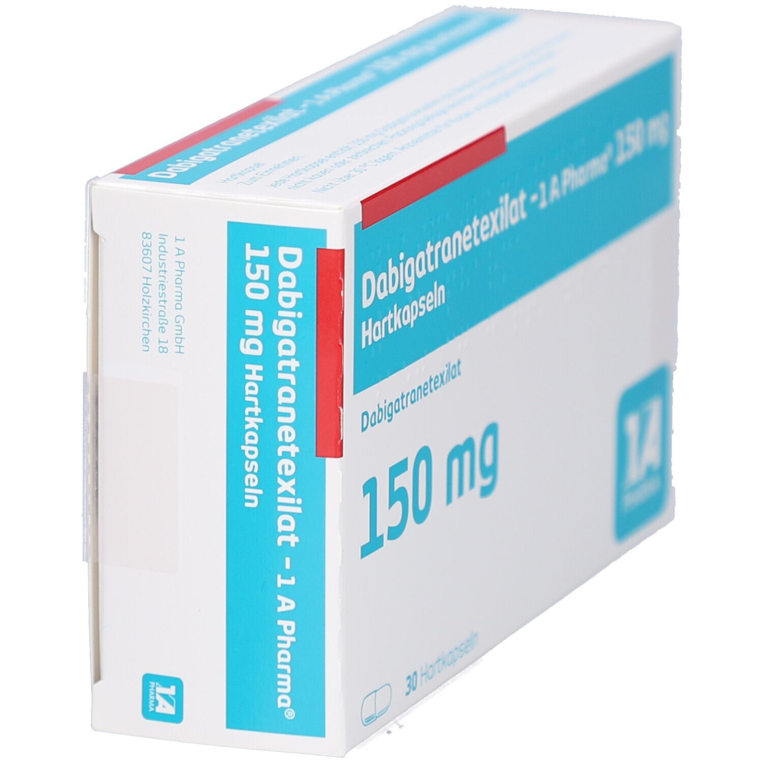 Schachtel, schräg. Blaue Schrift: Dabigatranetexilat -1 A Pharma 150 mg Hartkapseln. 150 mg, 30 Hartkapseln. Logo 1 A Pharma.
