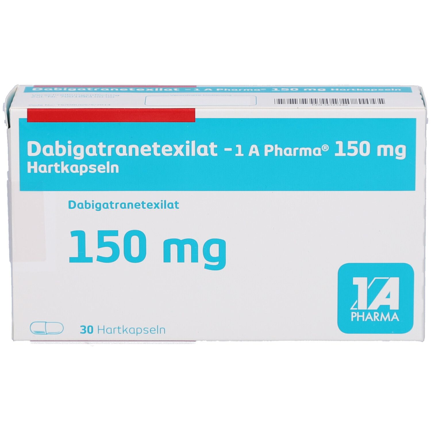 Schachtel mit blauer Schrift: Dabigatranetexilat -1 A Pharma 150 mg Hartkapseln. 150 mg, 30 Hartkapseln. Logo 1 A Pharma.