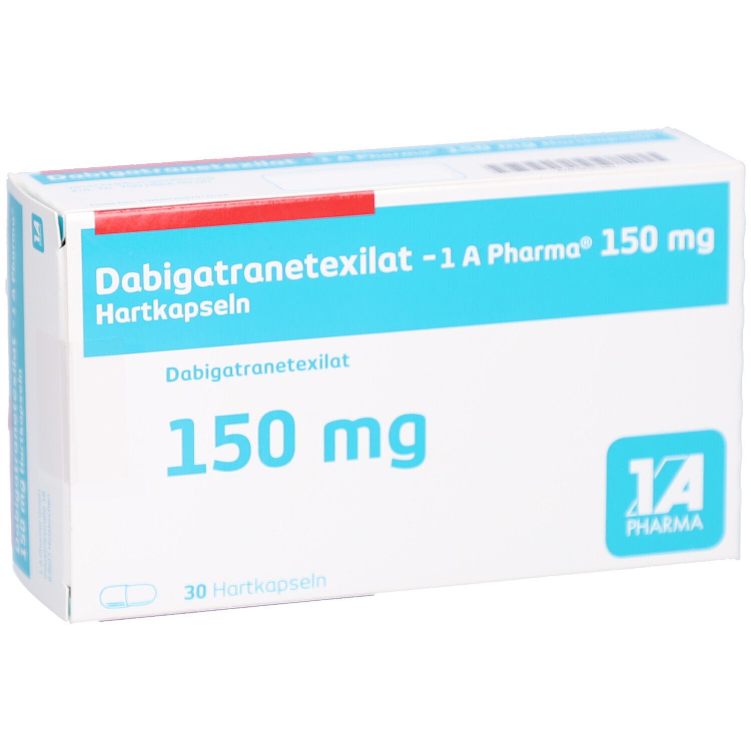 Schachtel mit blauer Schrift: Dabigatranetexilat -1 A Pharma 150 mg Hartkapseln. 150 mg, 30 Hartkapseln. Logo 1 A Pharma.