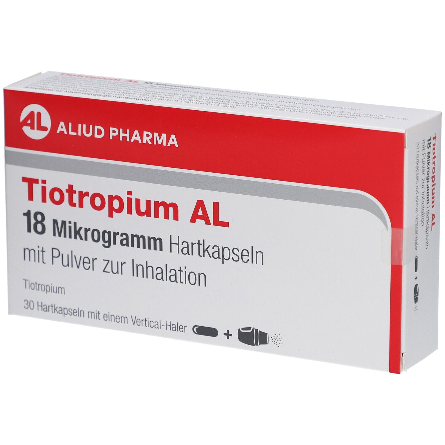 Weiß-rote Schachtel mit Produktnamen Tiotropium AL 18 Mikrogramm. AL-Logo und Text auf der Vorderseite.