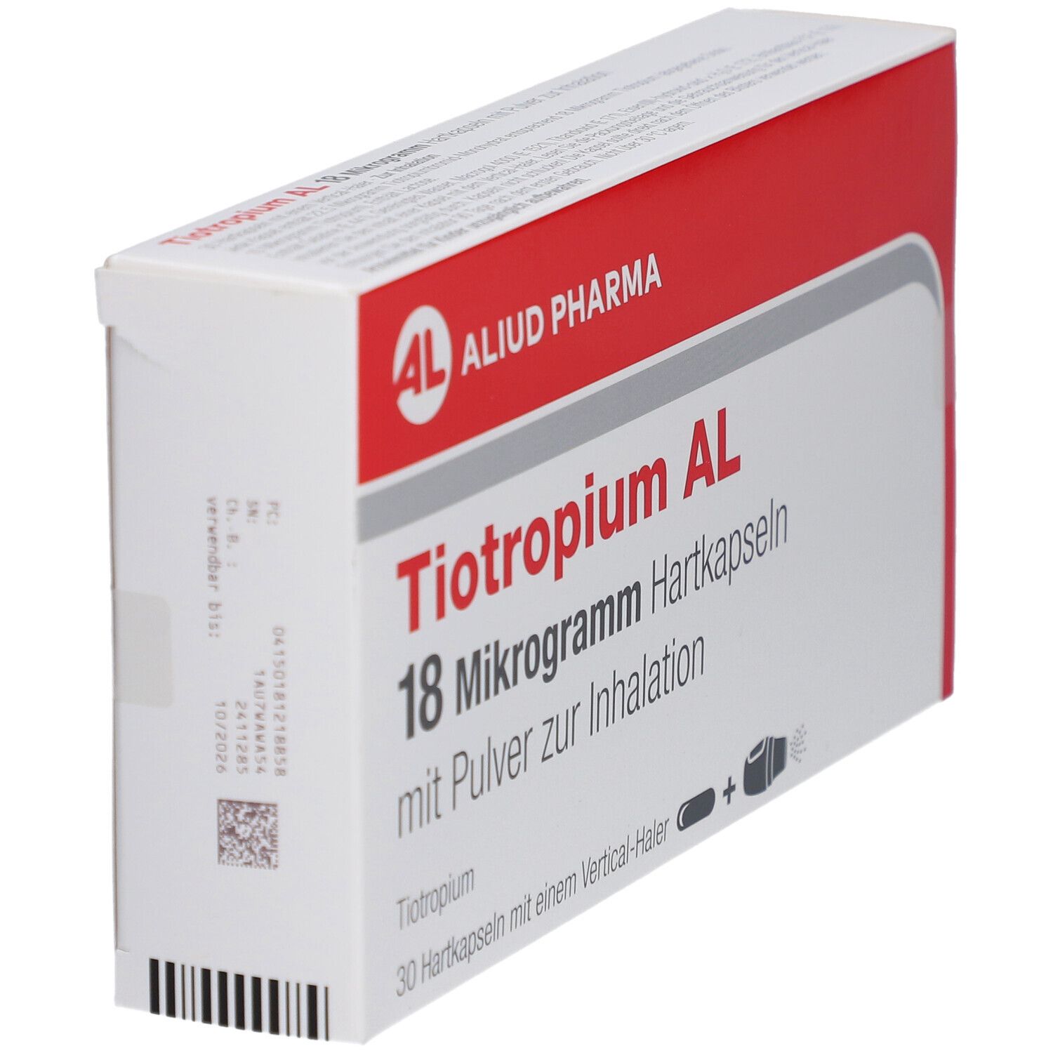 Schachtel Tiotropium AL 18 Mikrogramm, weiß-rot. AL-Logo, Produktname und Text. Ansicht schräg von vorne.