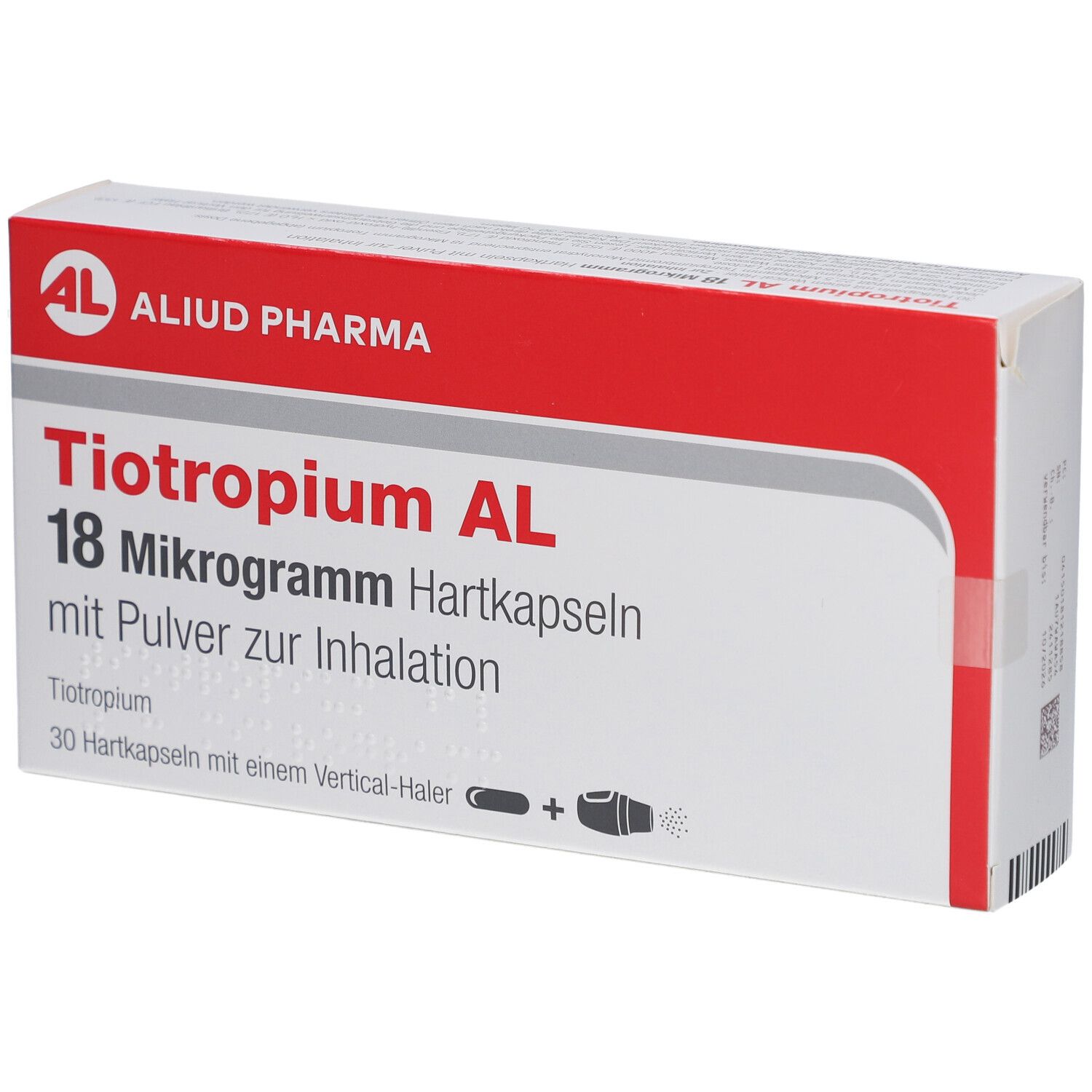 Weiß-rote Schachtel mit Tiotropium AL 18 Mikrogramm. AL-Logo und Produktinformationen. Ansicht von vorne.