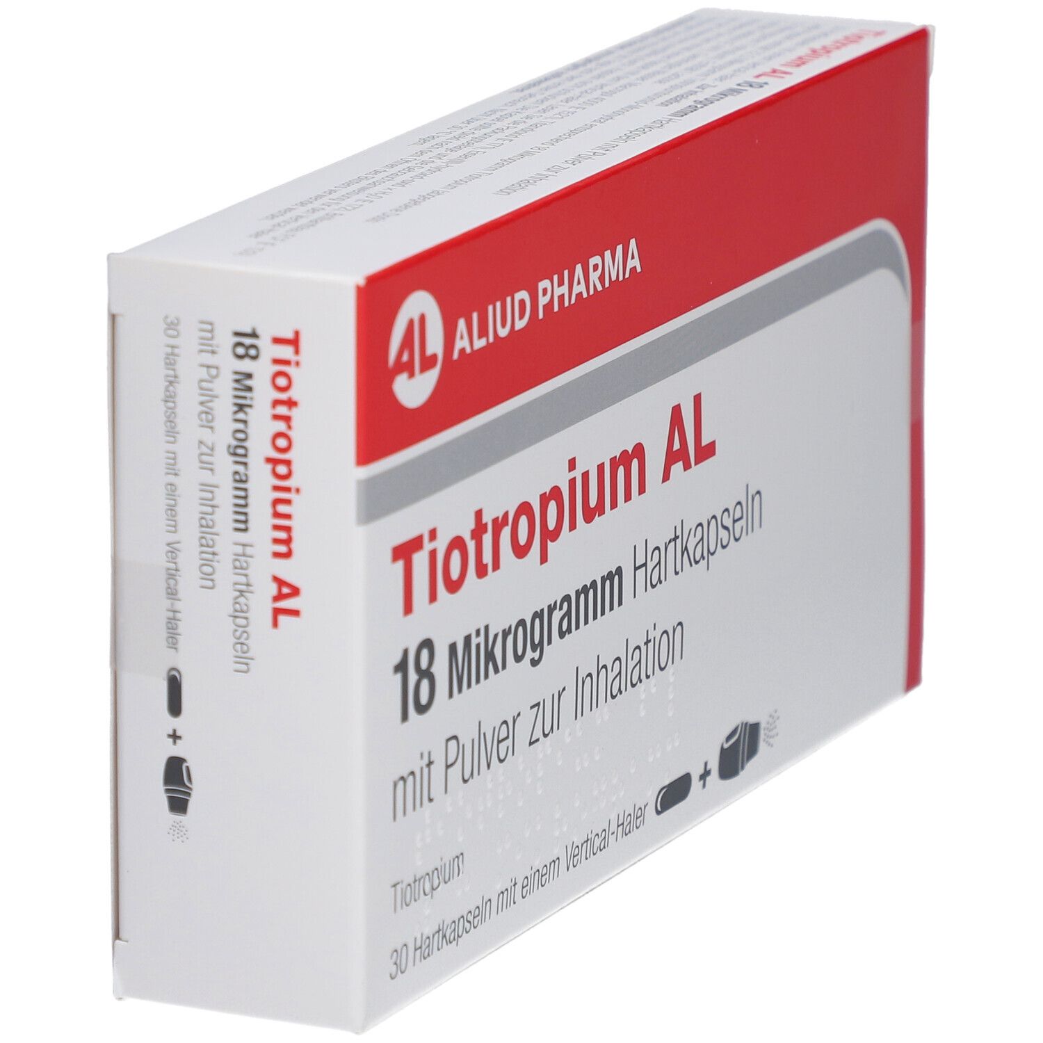 Schachtel Tiotropium AL 18 Mikrogramm, weiß-rot. AL-Logo, Produktname und Text. Schräge Ansicht.
