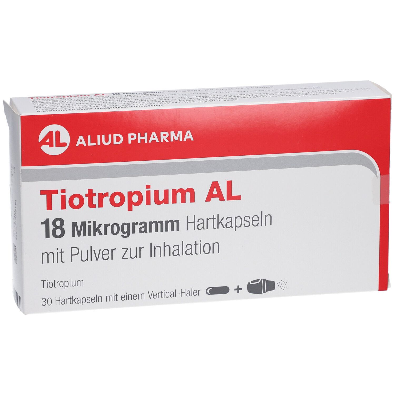 Weiß-rote Schachtel mit Tiotropium AL 18 Mikrogramm. AL-Logo und Produktinformationen. Ansicht von vorne.