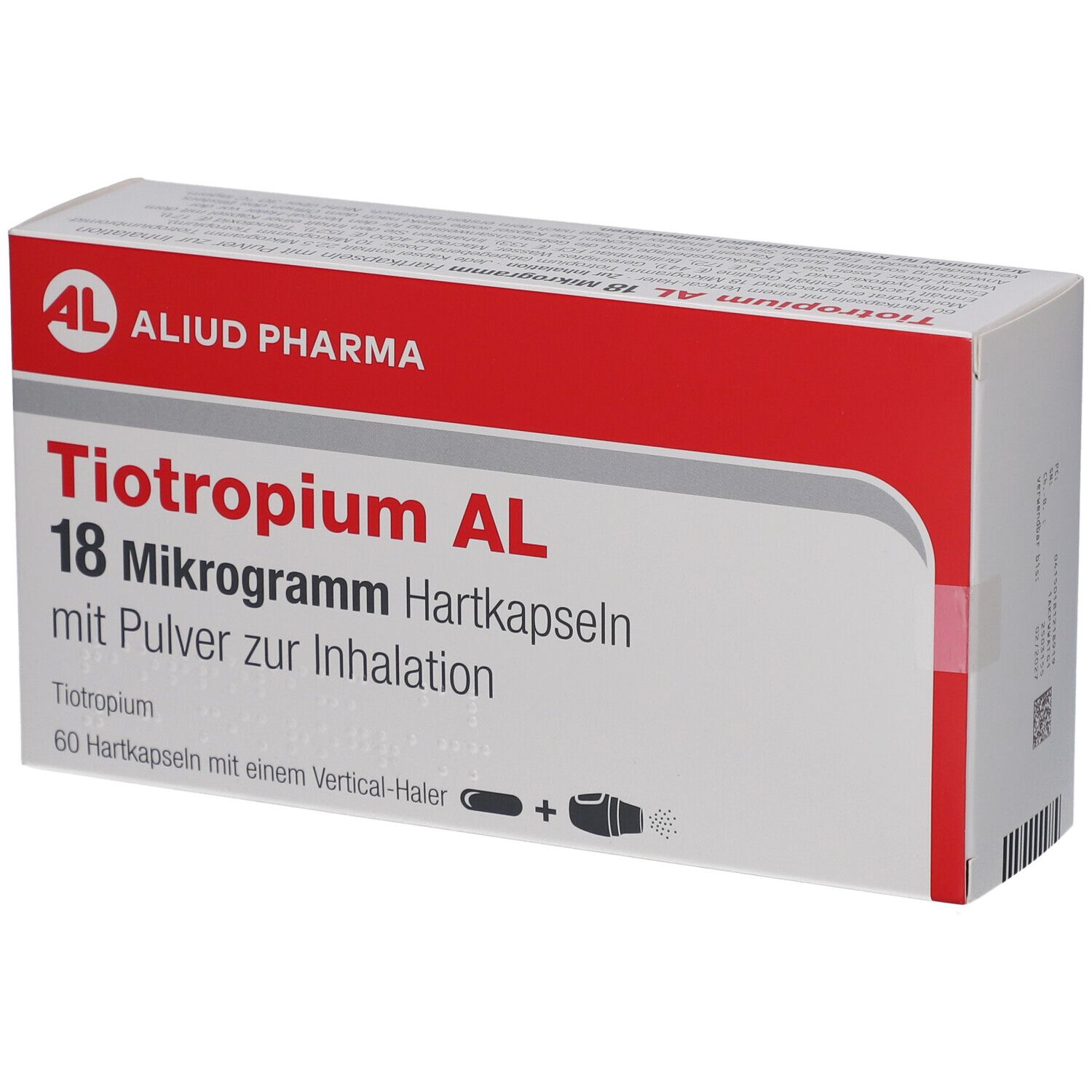 Schachtel mit rotem Deckel. Aufschrift: Tiotropium AL 18 Mikrogramm Hartkapseln. Logo: AL, Aliud Pharma.