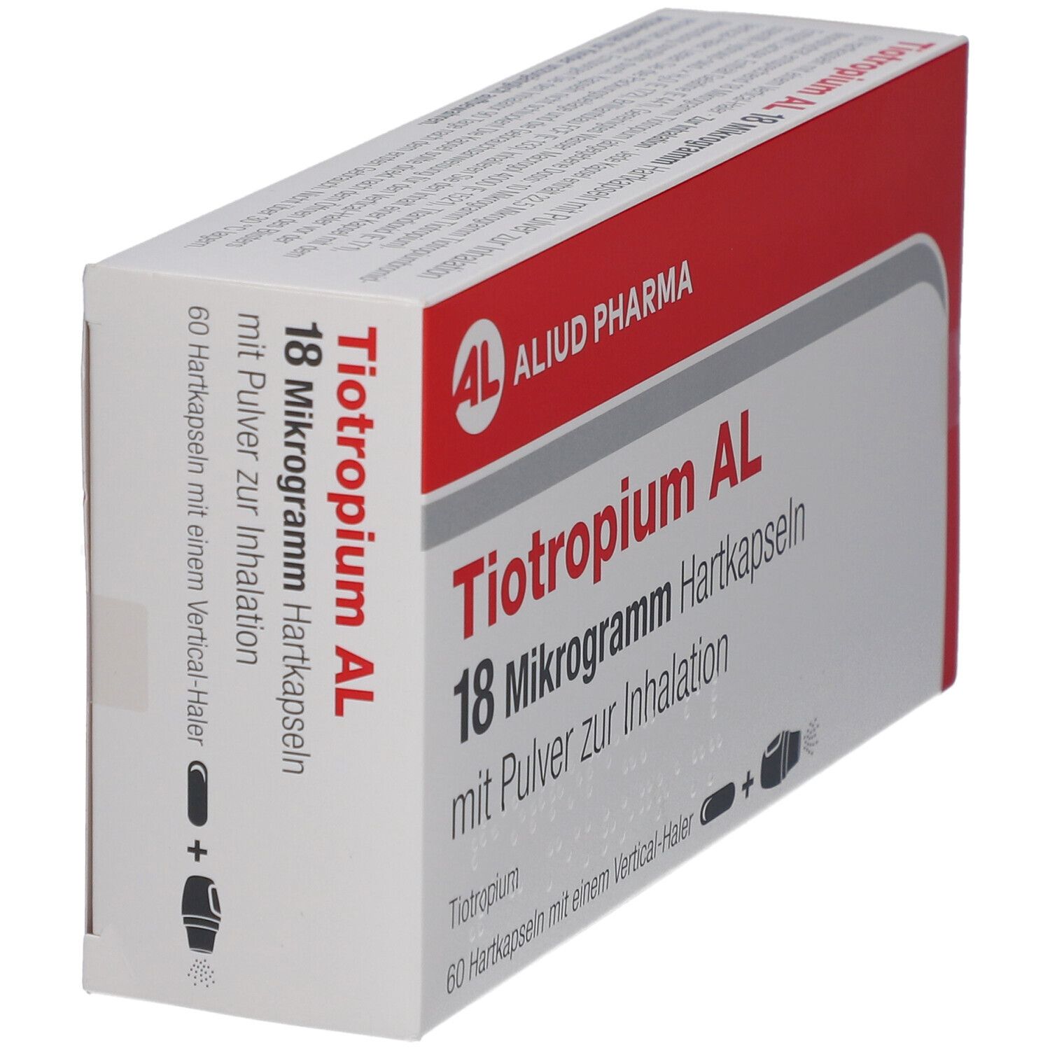 Schachtel, rot-weiß. Aufschrift: Tiotropium AL 18 Mikrogramm Hartkapseln. Logo: AL, Aliud Pharma. Perspektivische Ansicht.