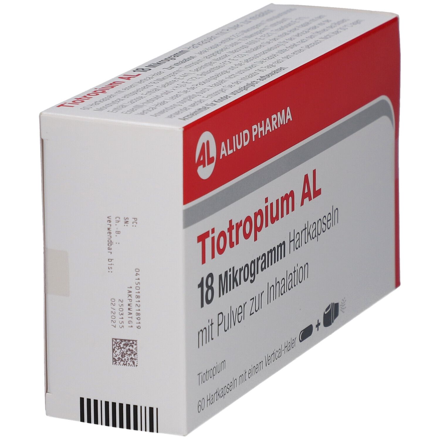 Schachtel, rot-weiß. Aufschrift: Tiotropium AL 18 Mikrogramm Hartkapseln. Logo: AL, Aliud Pharma. Detailansicht.