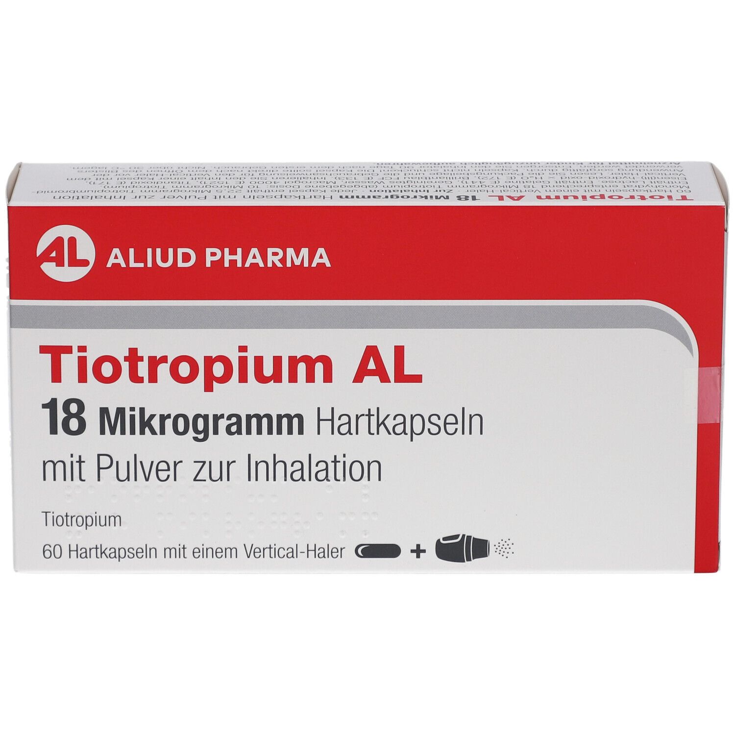 Schachtel mit rotem Deckel. Aufschrift: Tiotropium AL 18 Mikrogramm Hartkapseln. Logo: AL, Aliud Pharma.