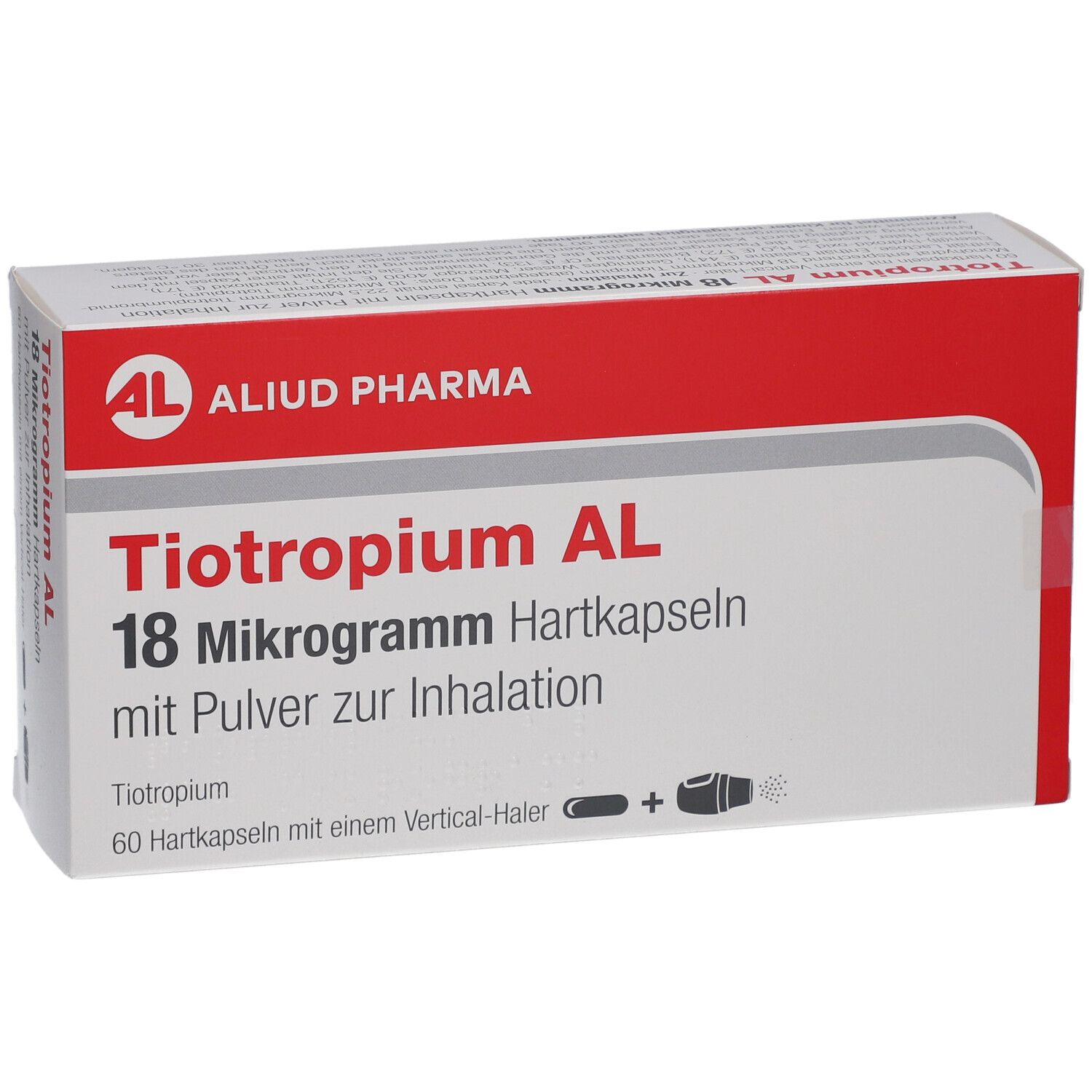 Schachtel mit rotem Deckel. Aufschrift: Tiotropium AL 18 Mikrogramm Hartkapseln. Logo: AL, Aliud Pharma.