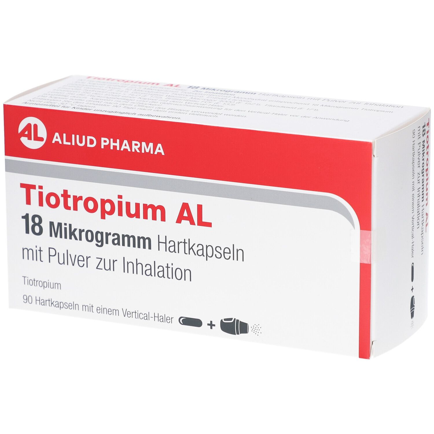 Weiß-rote Schachtel mit Produktnamen und Dosierung. Enthält 90 Hartkapseln mit Inhalator. Marke: AL. Text in Deutsch.