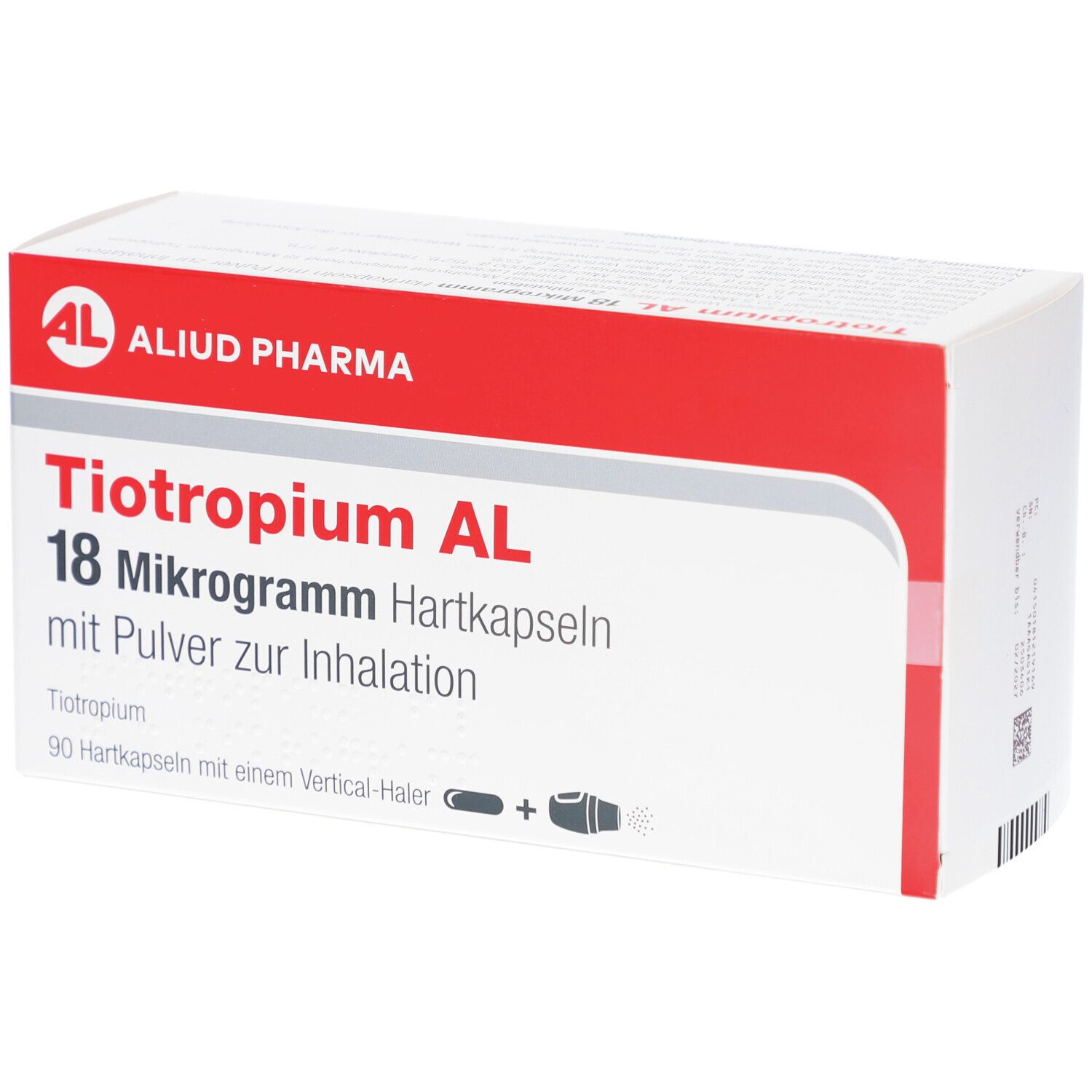 Weiß-rote Schachtel mit Produktnamen und Dosierung. Enthält 90 Hartkapseln mit Inhalator. Marke: AL. Text in Deutsch.