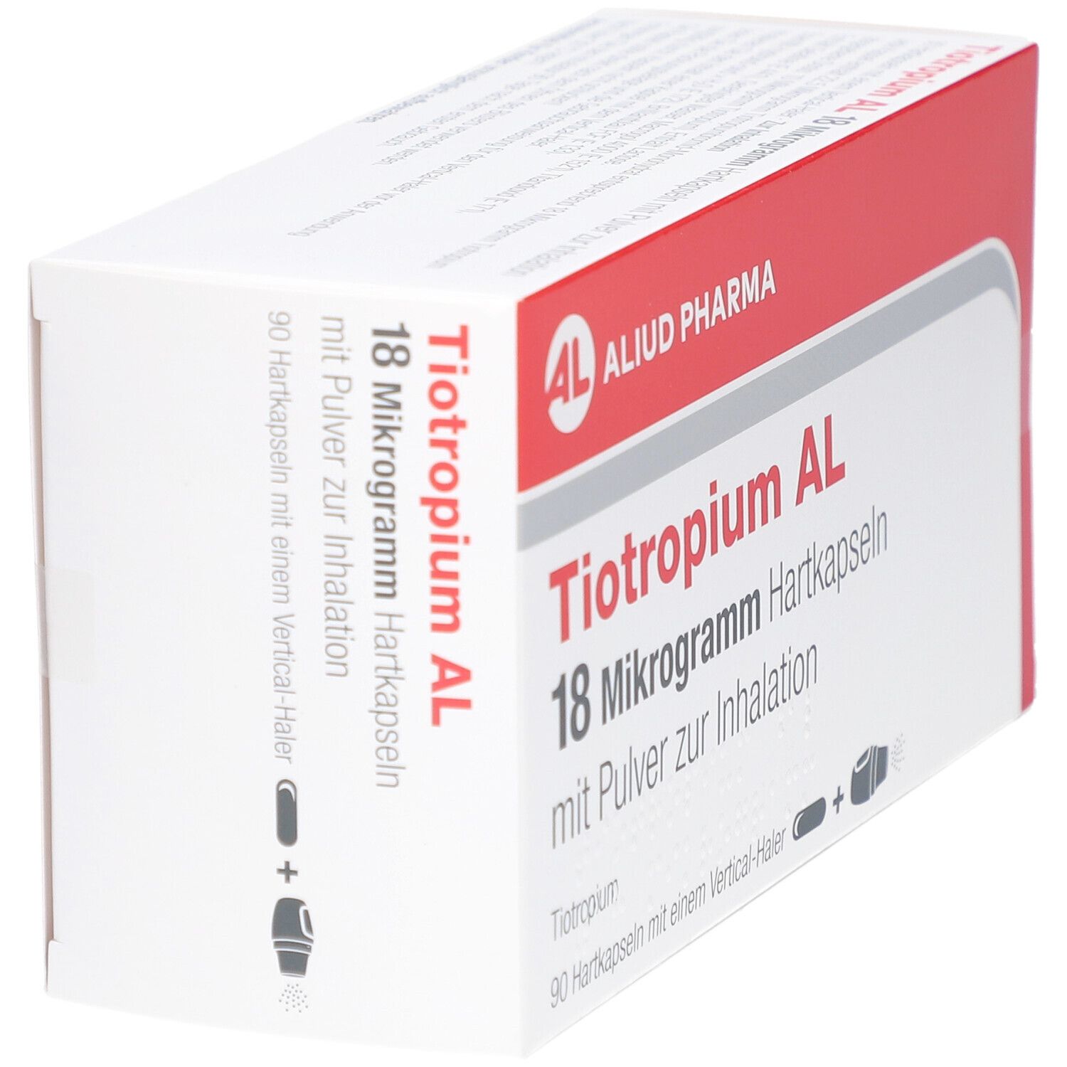 Weiß-rote Schachtel mit Produktnamen und Dosierung. Enthält 90 Hartkapseln mit Inhalator. Marke: AL. Text in Deutsch.