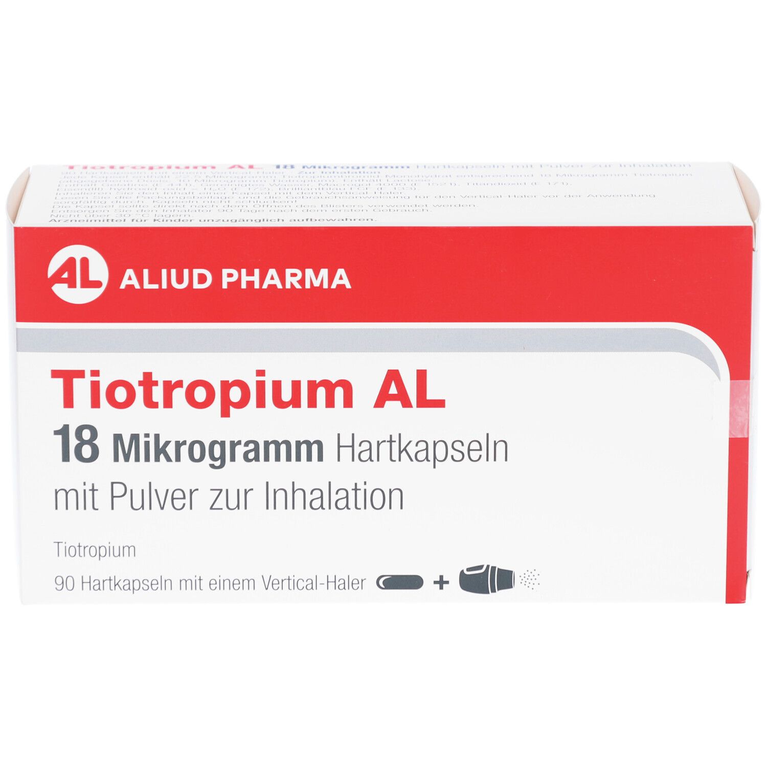 Weiß-rote Schachtel mit Produktnamen und Dosierung. Enthält 90 Hartkapseln mit Inhalator. Marke: AL. Text in Deutsch.
