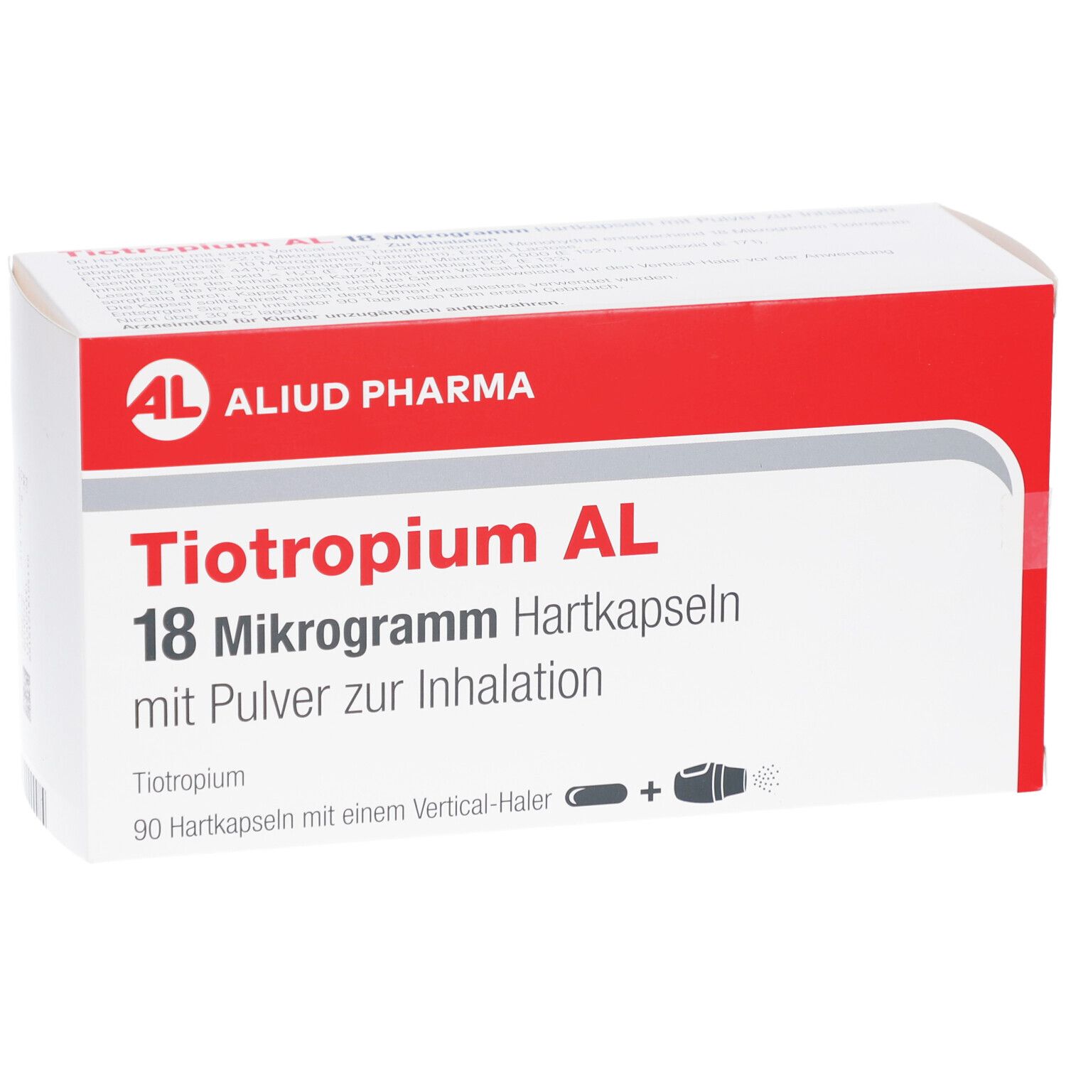 Weiß-rote Schachtel mit Produktnamen und Dosierung. Enthält 90 Hartkapseln mit Inhalator. Marke: AL. Text in Deutsch.