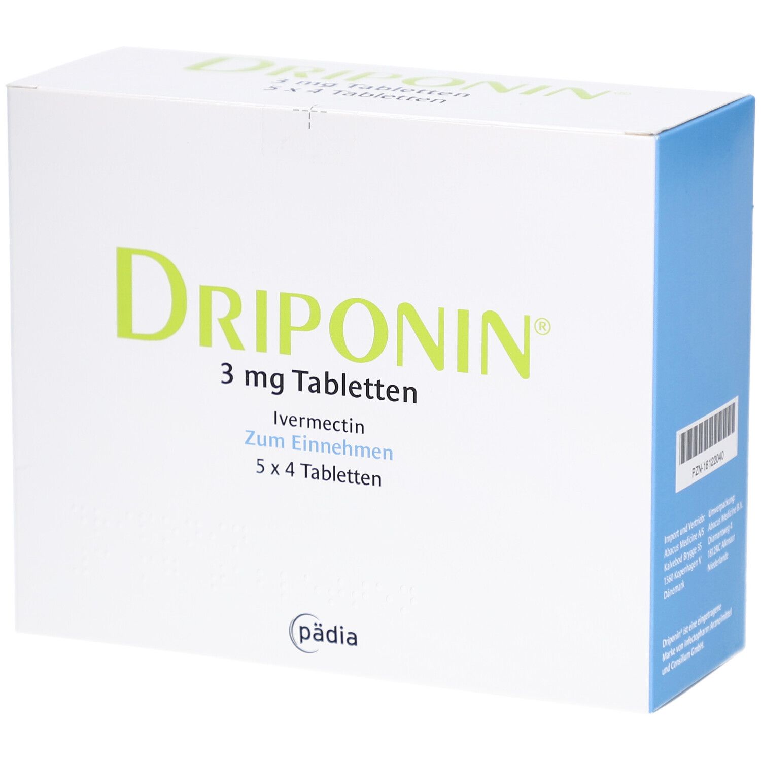 Weiße Schachtel mit grüner Aufschrift DRIPONIN 3 mg Tabletten. Enthält Ivermectin. 5 x 4 Tabletten. Logo von pädia.