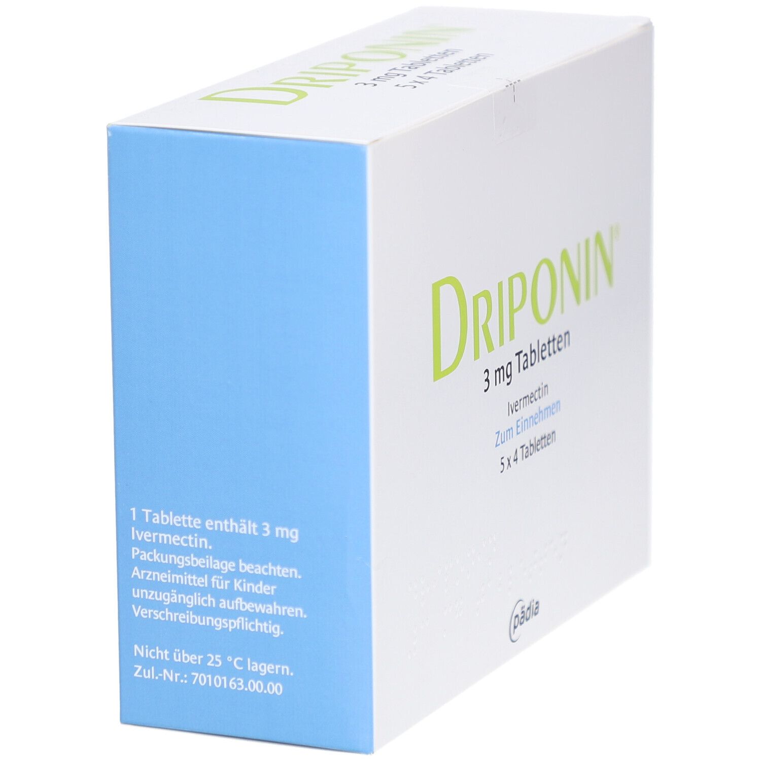 Weiße Schachtel mit grüner Aufschrift DRIPONIN 3 mg Tabletten. Enthält Ivermectin. 5 x 4 Tabletten. Text auf der Seite.