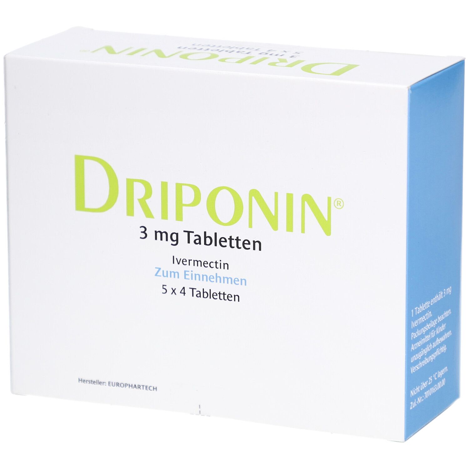 Weiße Schachtel mit grüner Aufschrift DRIPONIN 3 mg Tabletten. Enthält Ivermectin. 5 x 4 Tabletten. Hersteller EUROPHARTECH.