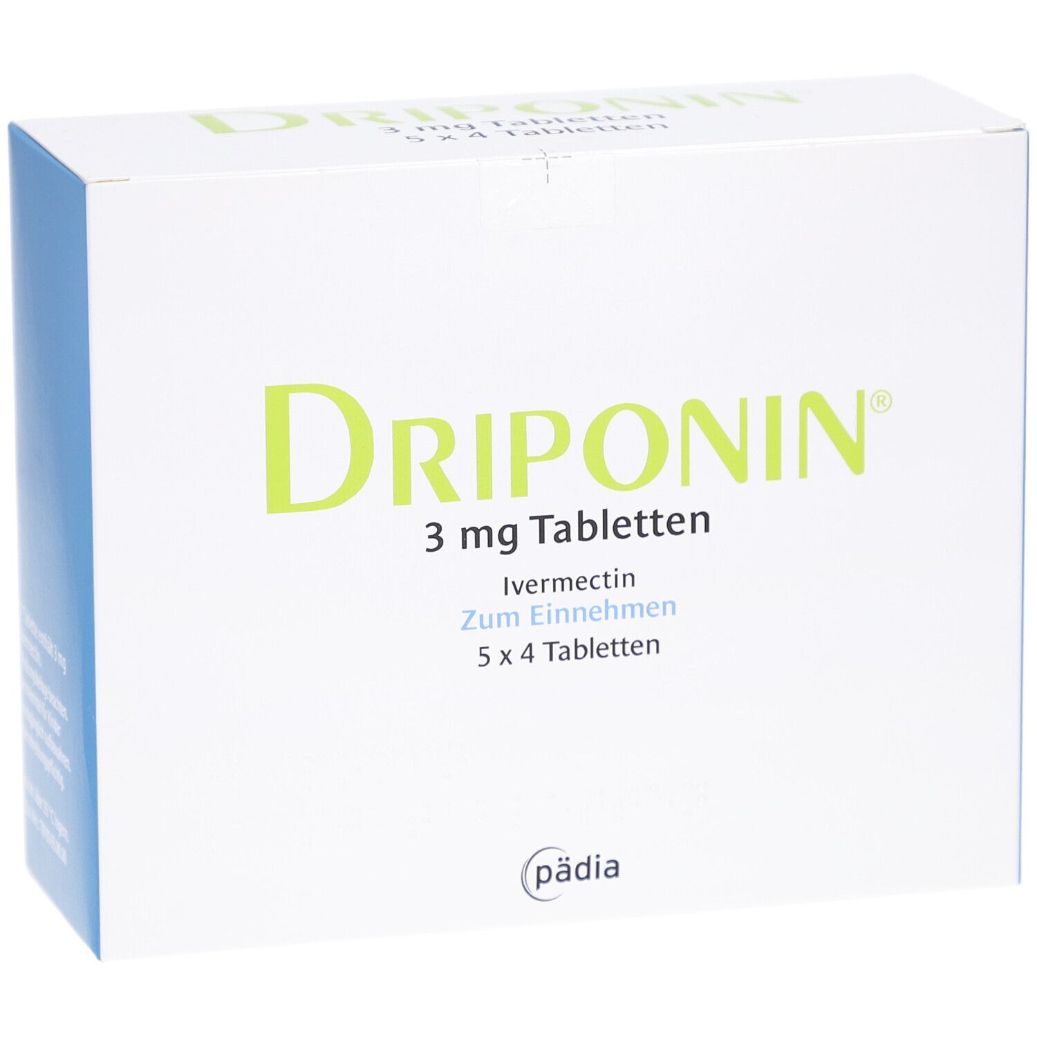 Weiße Schachtel mit grüner Aufschrift DRIPONIN 3 mg Tabletten. Enthält Ivermectin. 5 x 4 Tabletten. Logo von pädia.