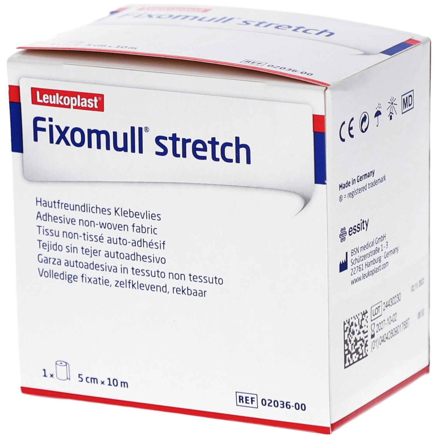 Verpackung von Fixomull stretch. Weißer Karton mit roter und blauer Schrift. Enthält 5 cm x 10 m Rolle.