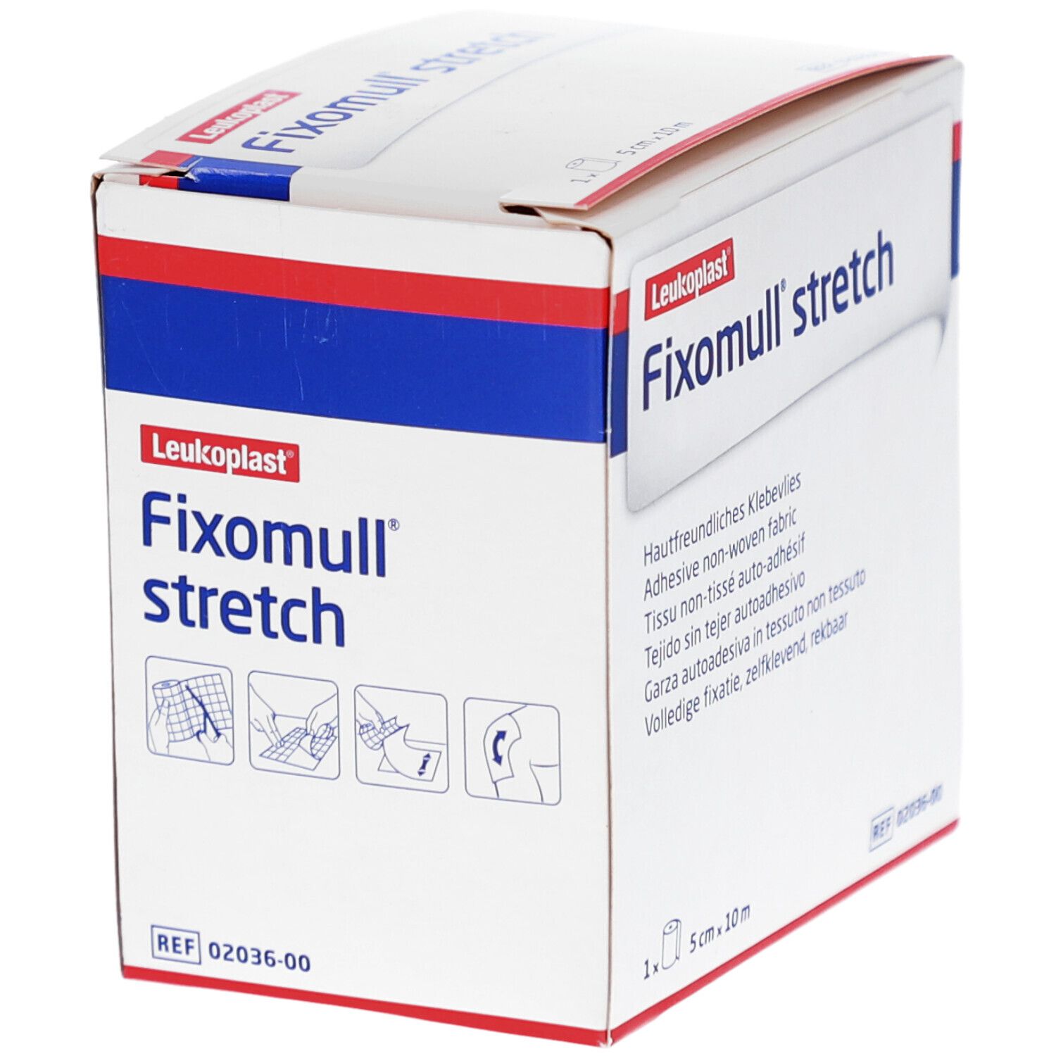 Fixomull stretch Verpackung. Weißer Karton mit roter und blauer Schrift. Enthält 5 cm x 10 m Rolle.