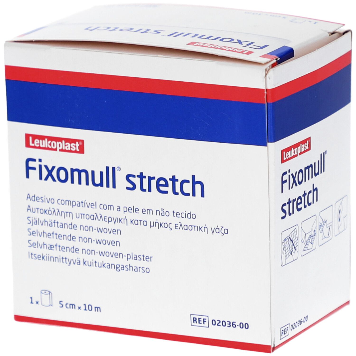 Fixomull stretch Verpackung. Weißer Karton mit roter und blauer Schrift. Enthält 5 cm x 10 m Rolle.