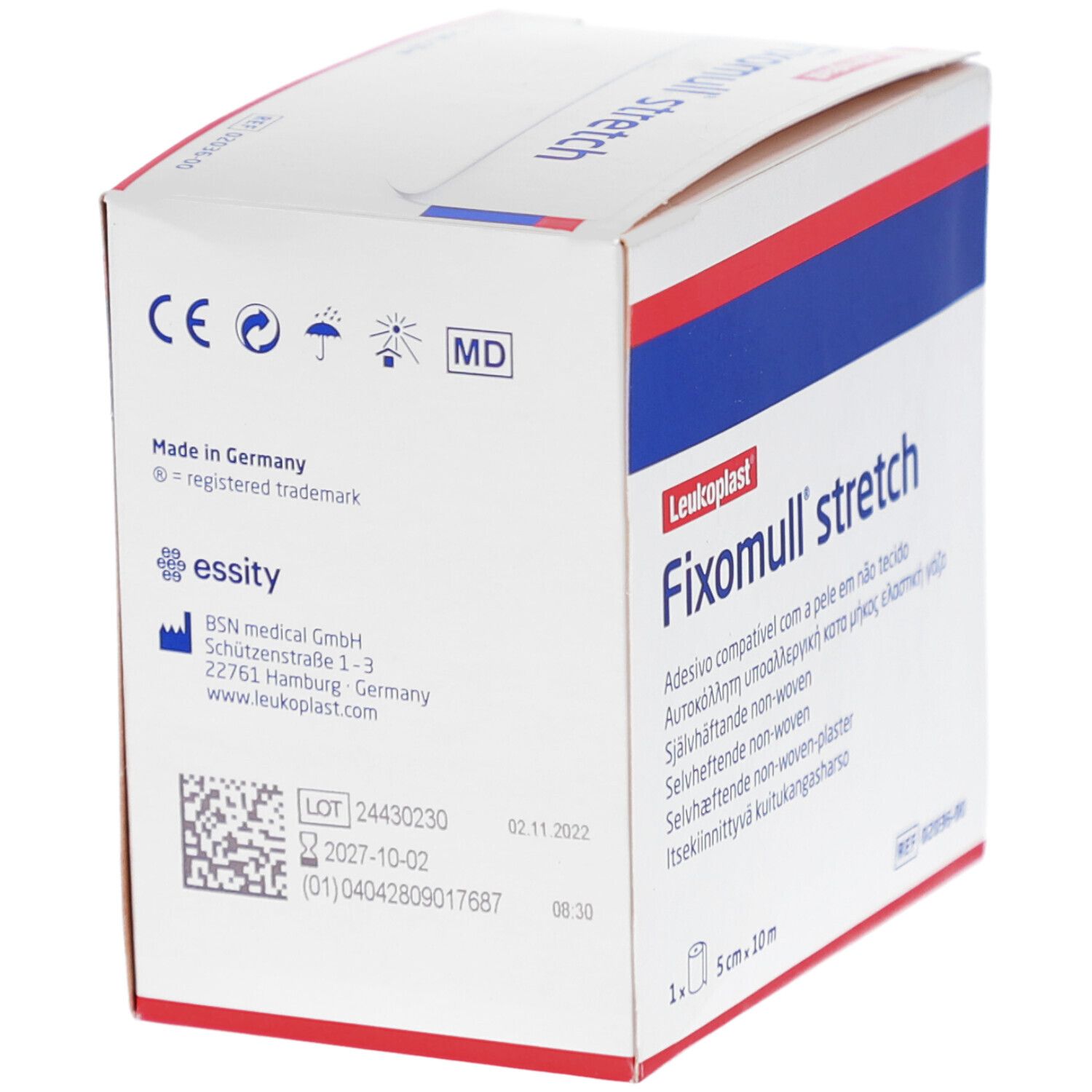 Fixomull stretch Verpackung. Weißer Karton mit roter und blauer Schrift. Enthält 5 cm x 10 m Rolle.