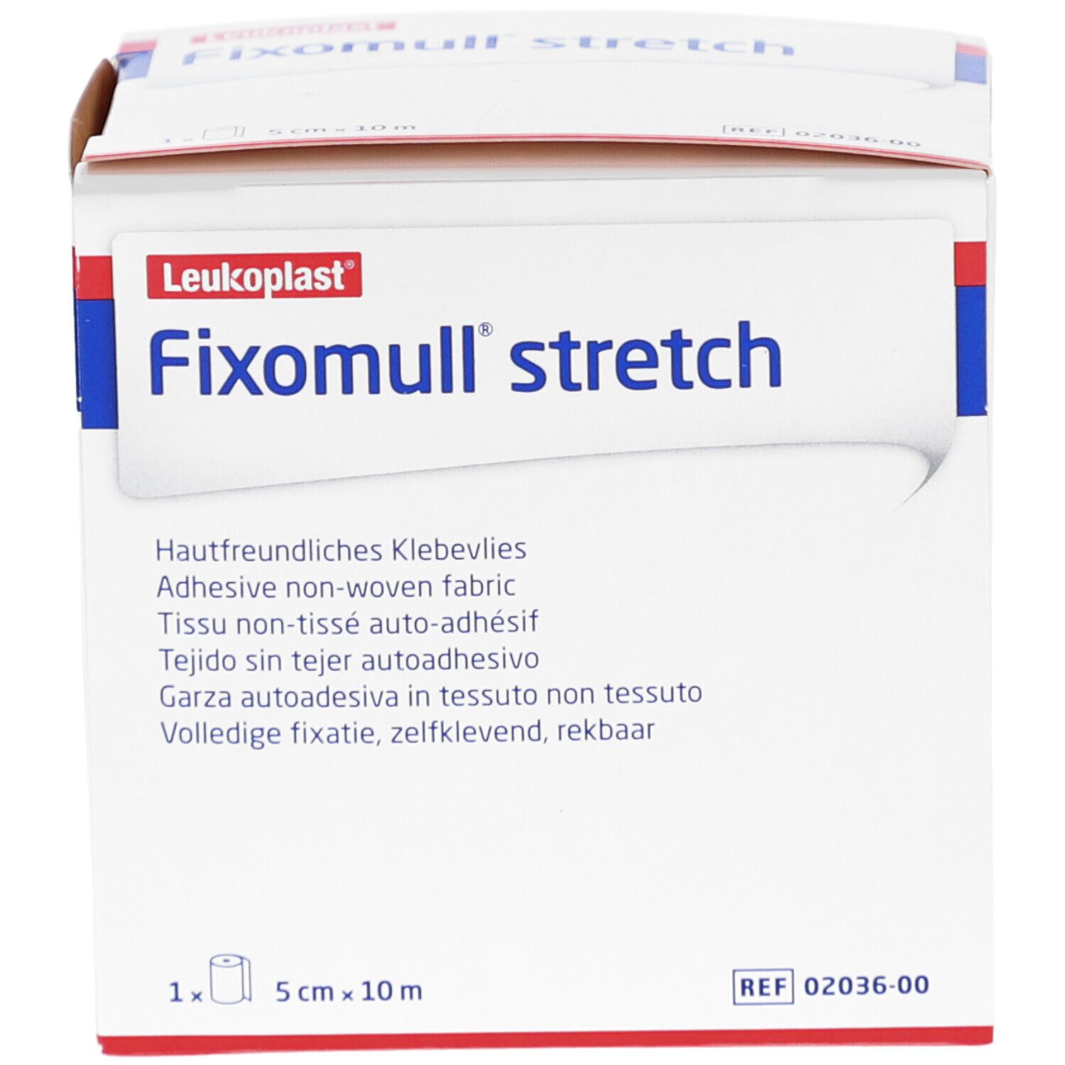 Fixomull stretch Verpackung. Weißer Karton mit roter und blauer Schrift. Enthält 5 cm x 10 m Rolle.