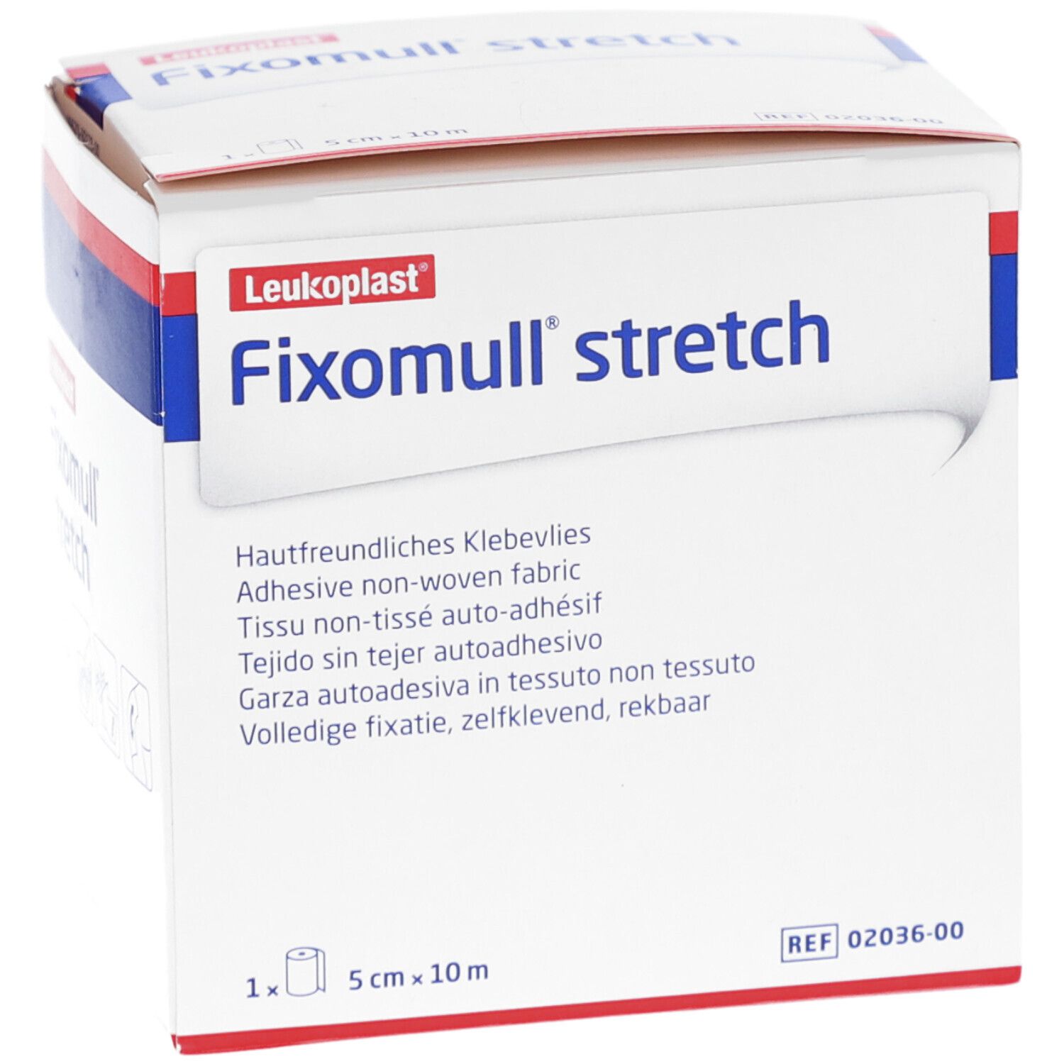 Fixomull stretch Verpackung. Weißer Karton mit roter und blauer Schrift. Enthält 5 cm x 10 m Rolle.