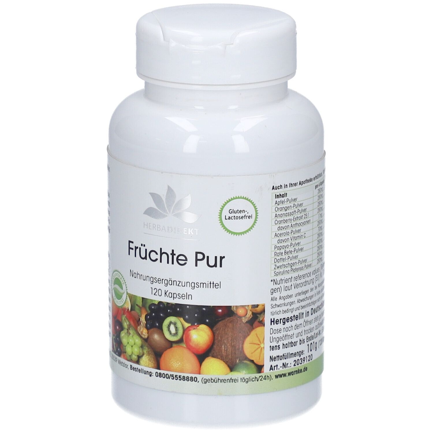 Weiße Flasche mit "FRÜCHTE PUR" und 120 Kapseln. Aufdruck mit Früchten. Gluten- und laktosefrei.