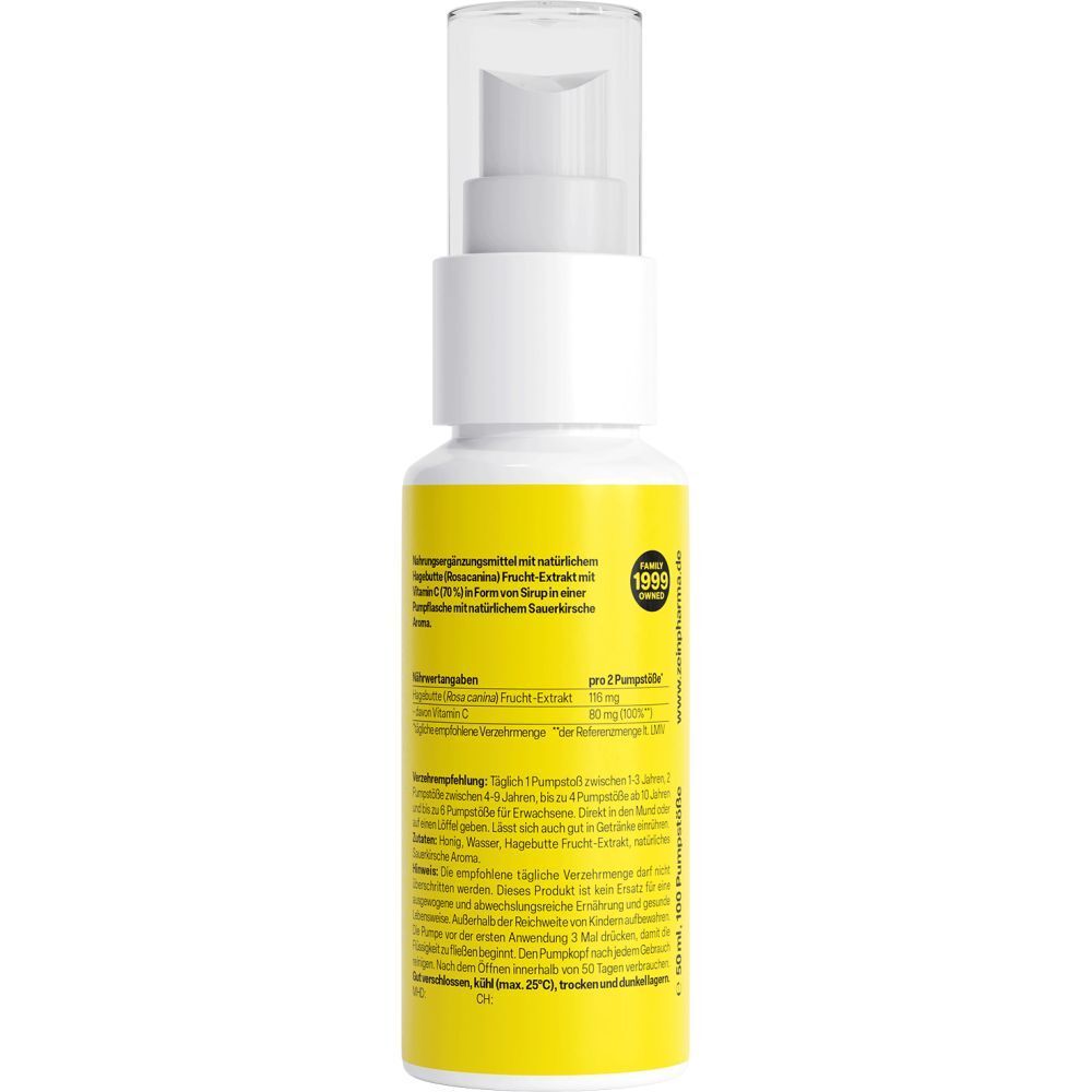 Rückseite ZeinPharma Vitamin C Sirup 80mg Flasche mit detaillierten Anwendungshinweisen und Inhaltsstoffen. Made in Germany.