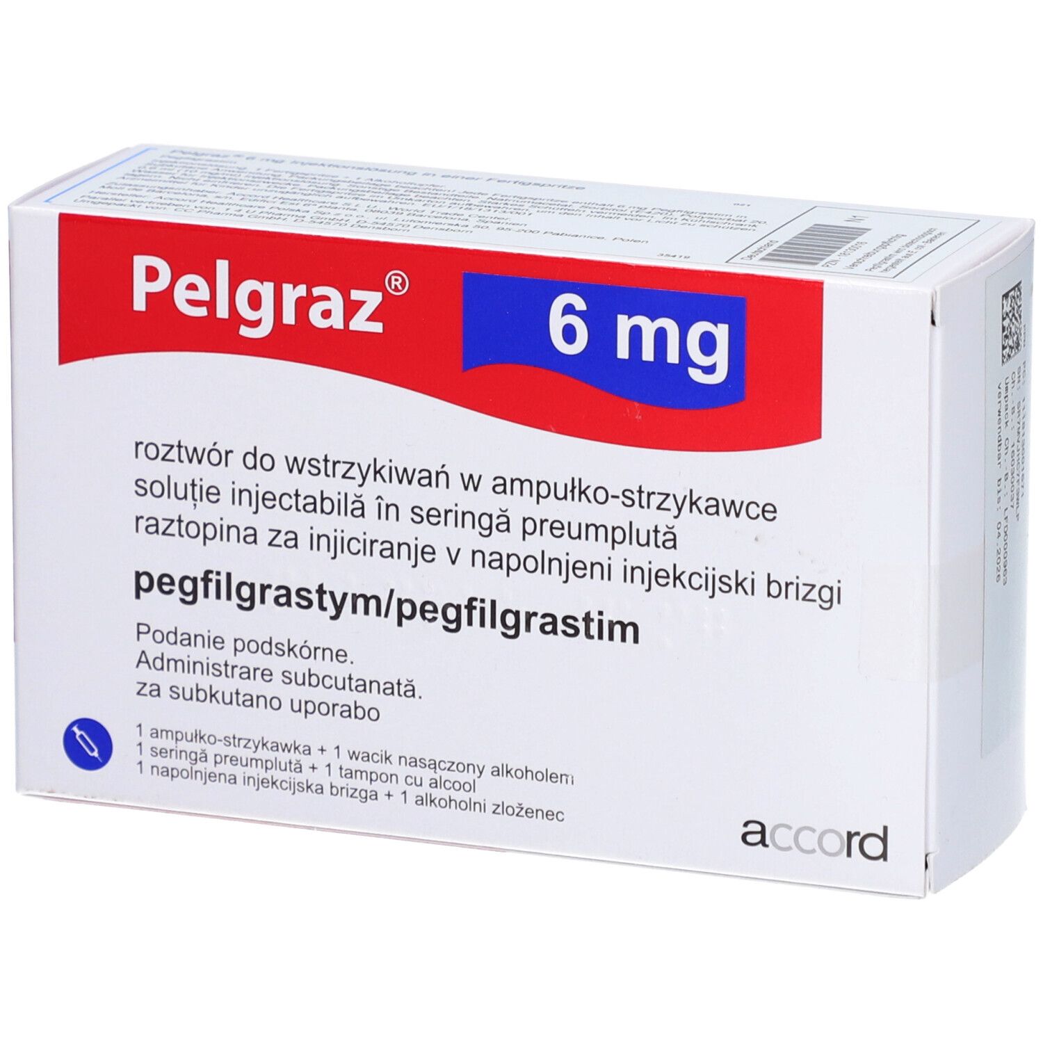 Verpackung von Pelgraz 6 mg. Rote und blaue Akzente. Text in mehreren Sprachen.