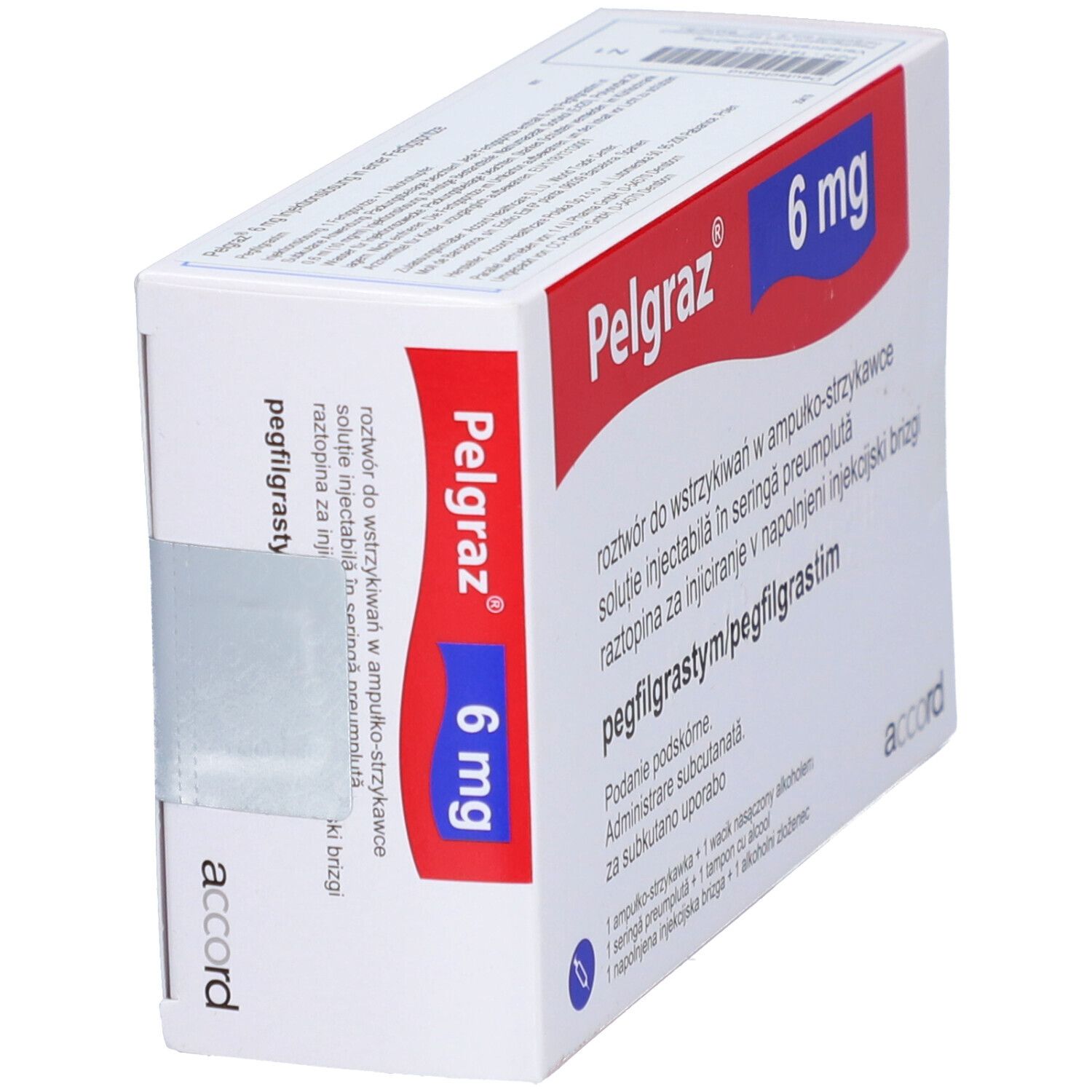 Schräg gestellte Pelgraz 6 mg Verpackung. Rote und blaue Akzente. Text in mehreren Sprachen.