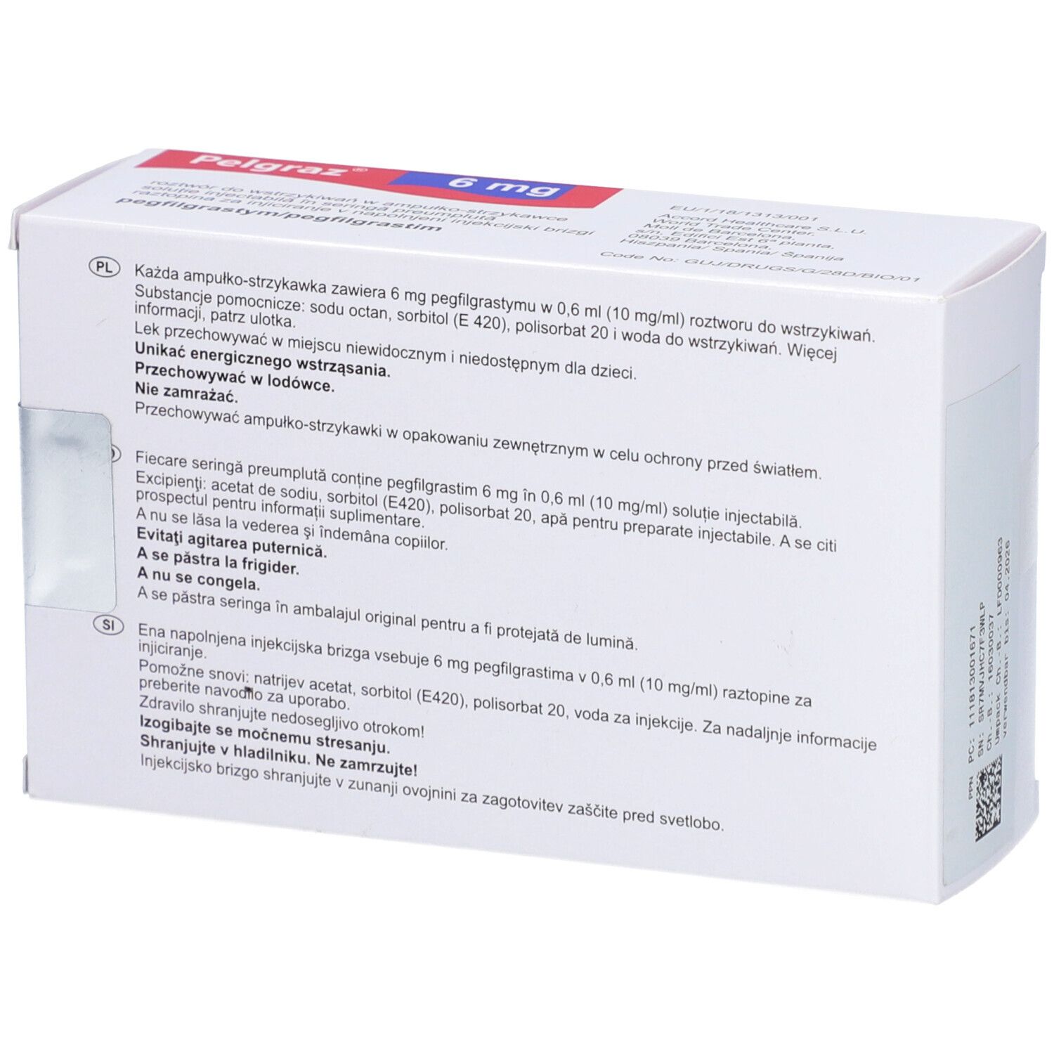 Rückseite der Pelgraz 6 mg Verpackung. Text in mehreren Sprachen. Weiße Verpackung.